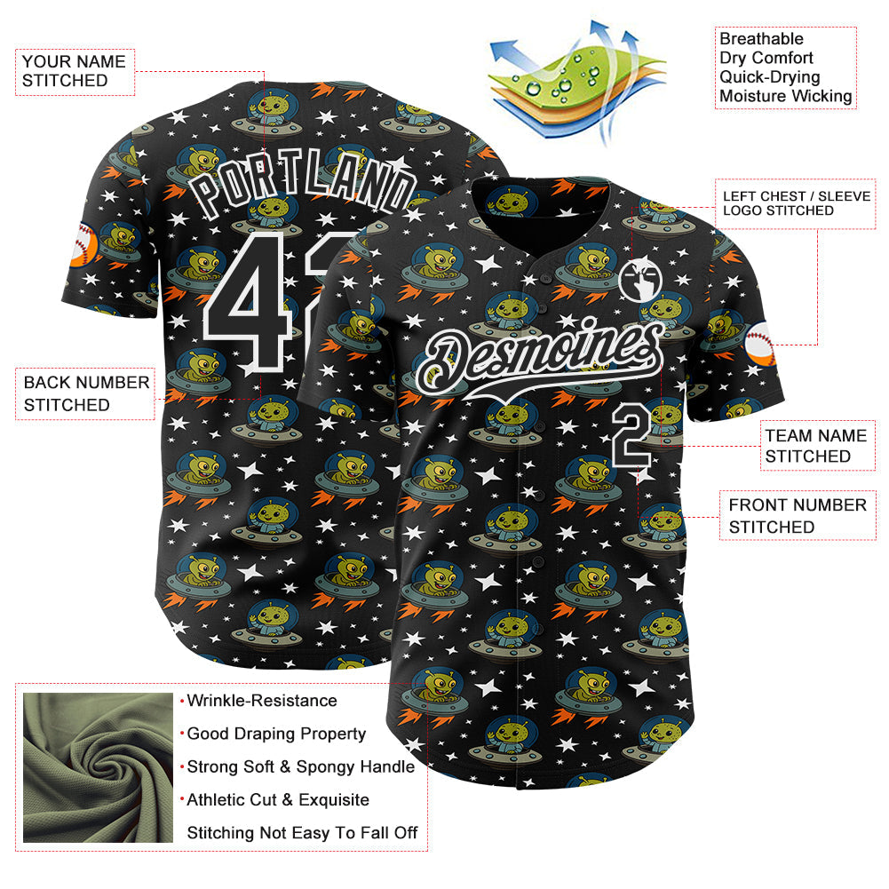 Custom Black White Cartoon Alien UFO Space Galaxy Authentic Baseball Jersey baseball jersey product view 3