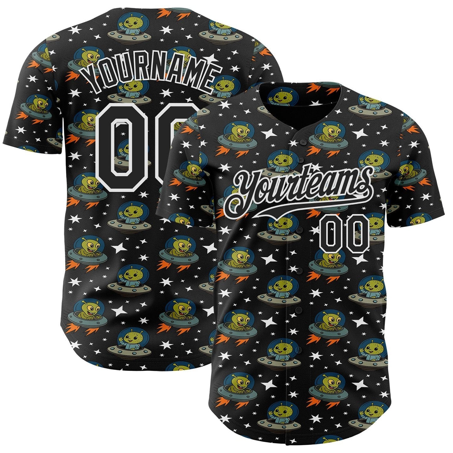 Custom Black White Cartoon Alien UFO Space Galaxy Authentic Baseball Jersey baseball jersey product view 1
