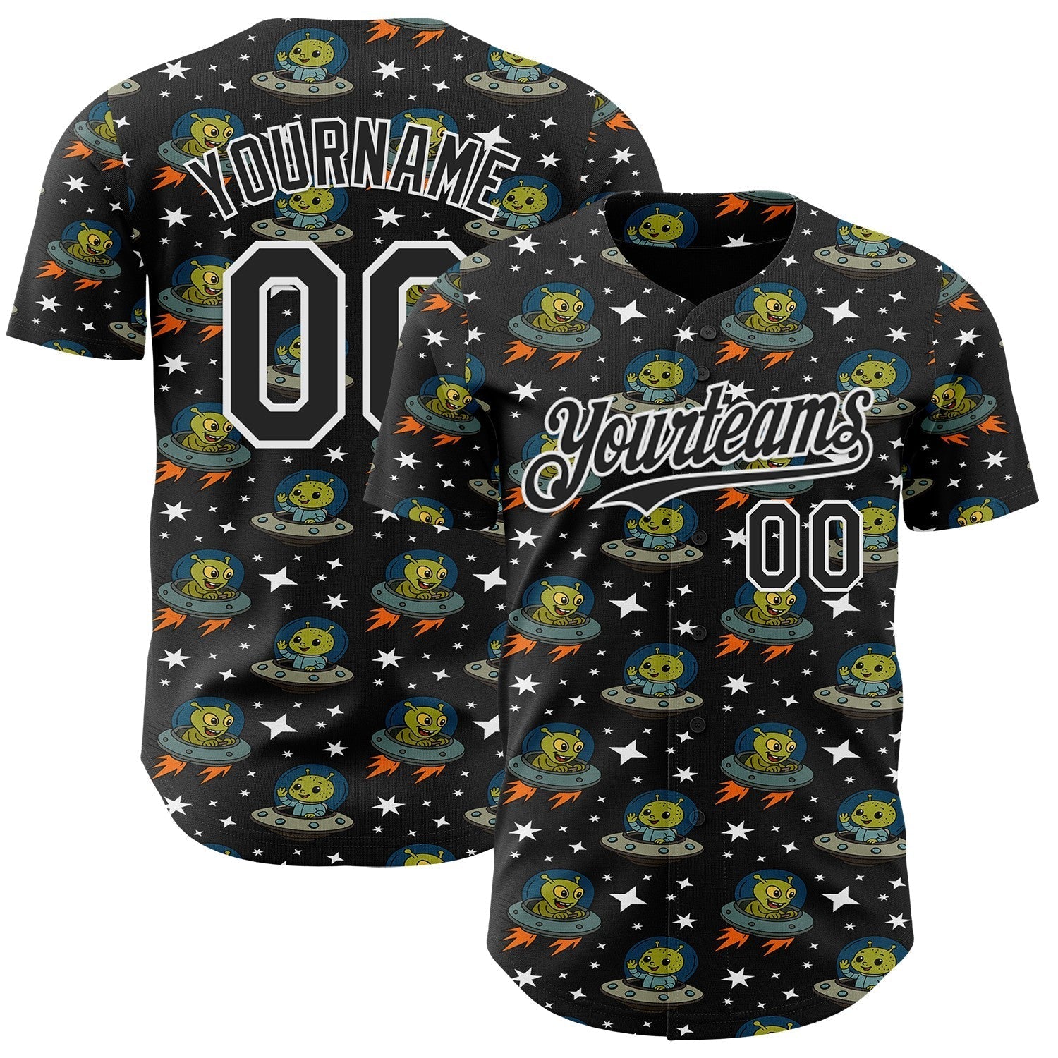 Custom Black White Cartoon Alien UFO Space Galaxy Authentic Baseball Jersey baseball jersey product view 1