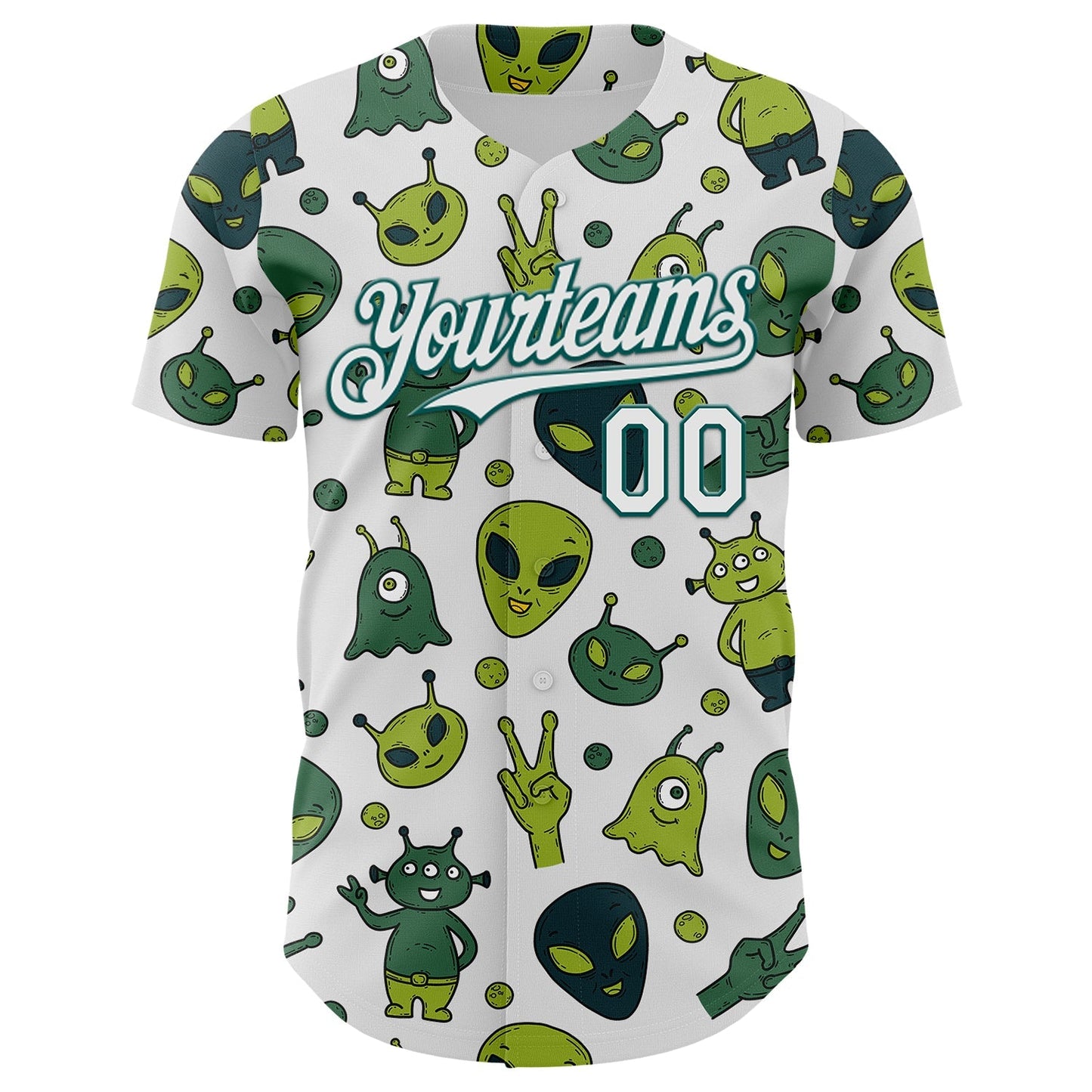 Custom White Midnight Green Cartoon Alien Authentic Baseball Jersey baseball jersey product view 2