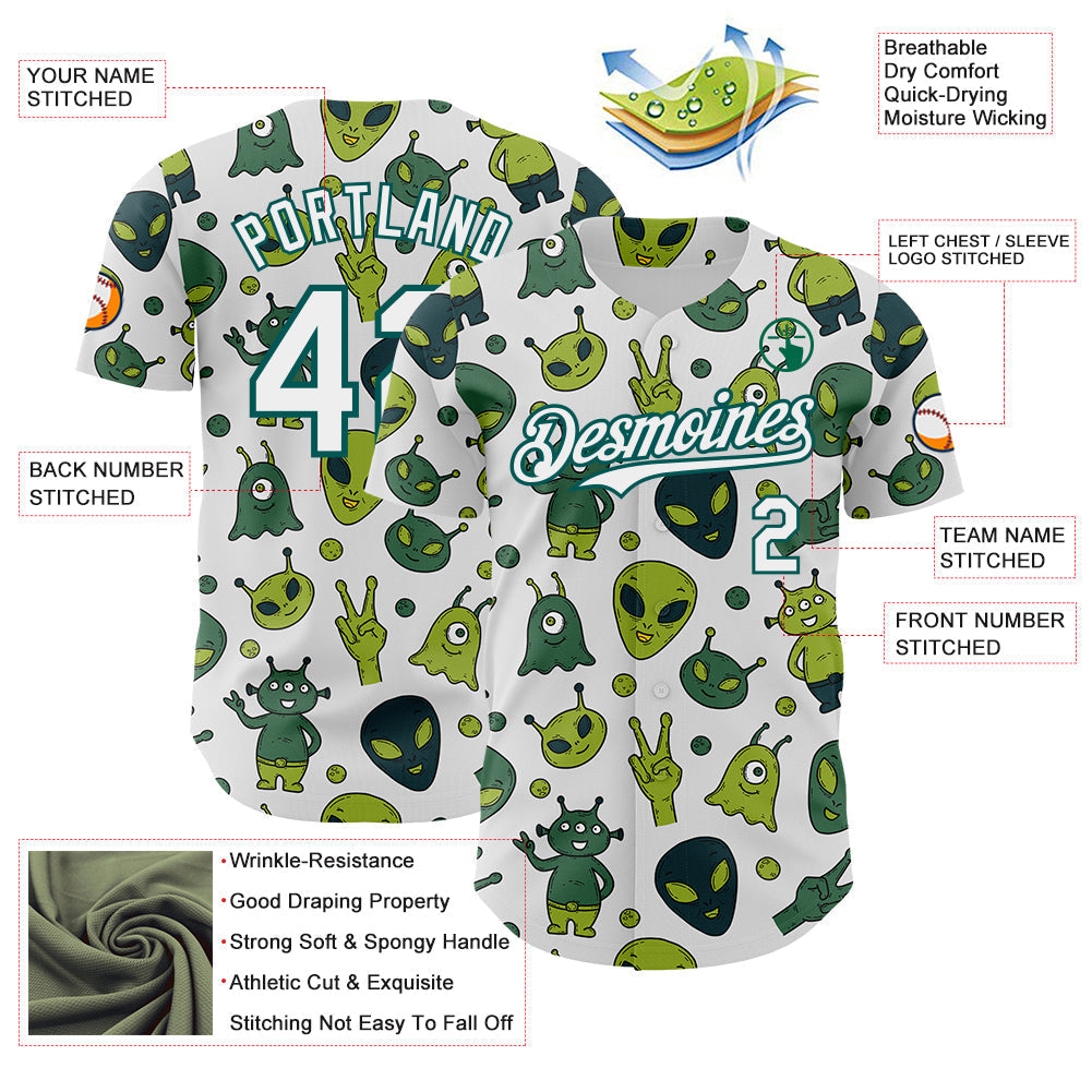 Custom White Midnight Green Cartoon Alien Authentic Baseball Jersey baseball jersey product view 3