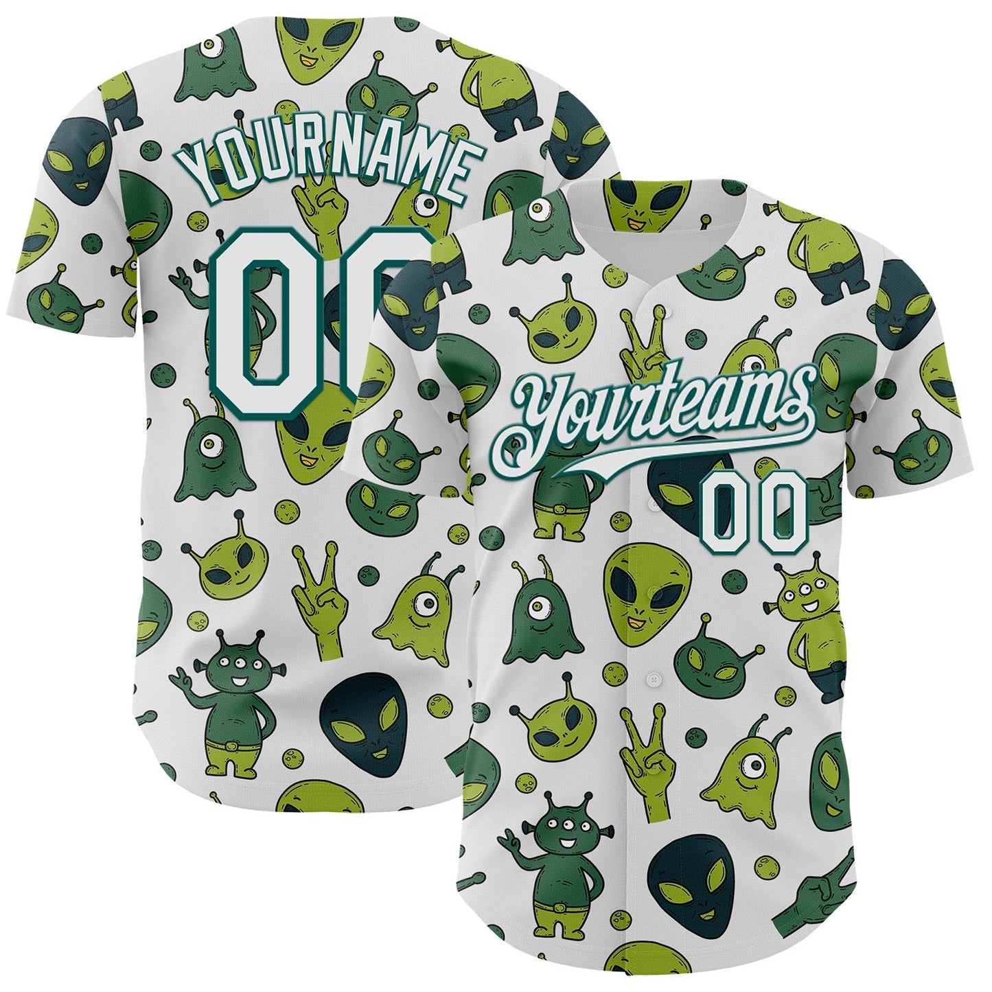 Custom White Midnight Green Cartoon Alien Authentic Baseball Jersey baseball jersey product view 1