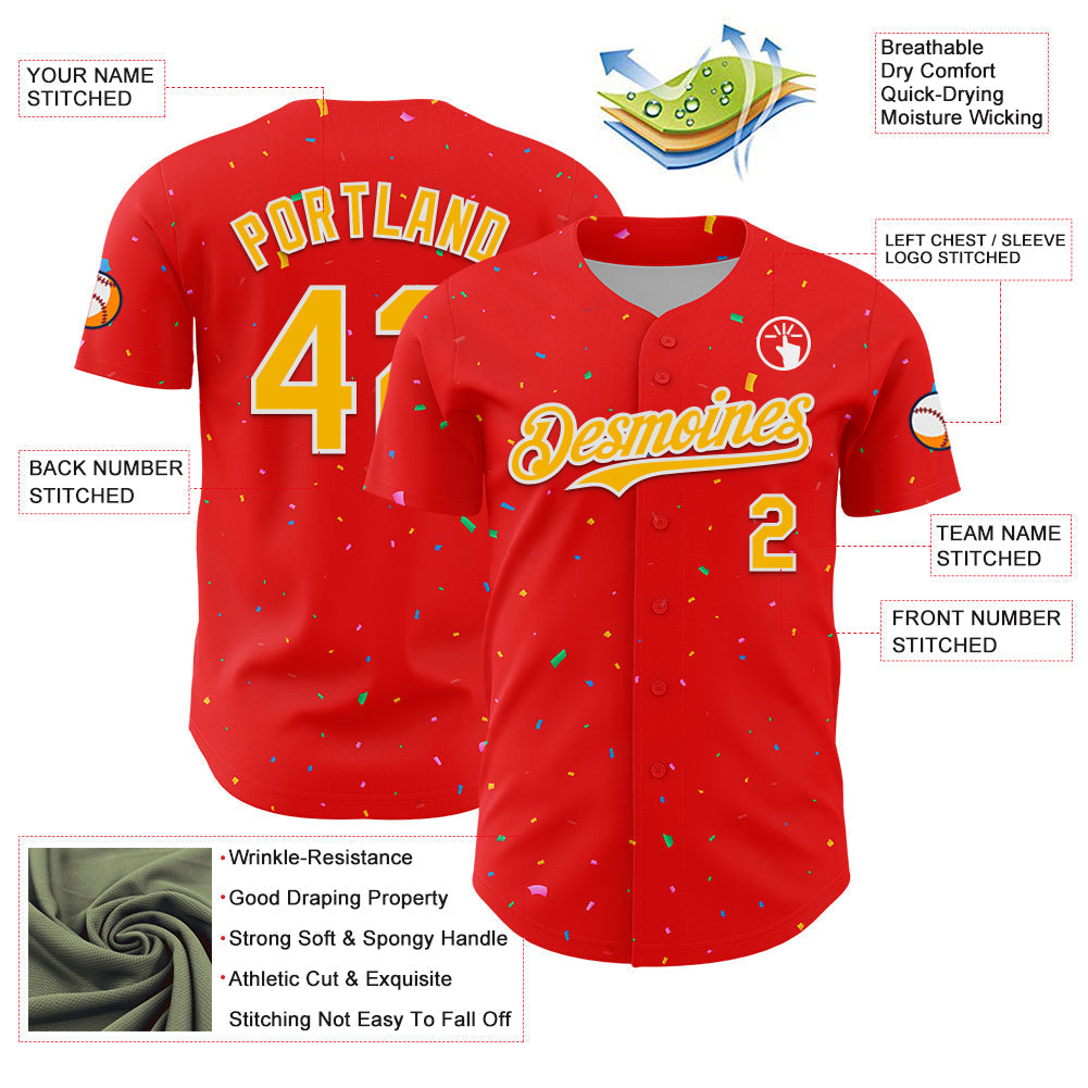 Custom Fire Red Gold-White 3D Pattern Design Confetti Colorful Speckle Authentic Baseball Jersey baseball jersey product view 3