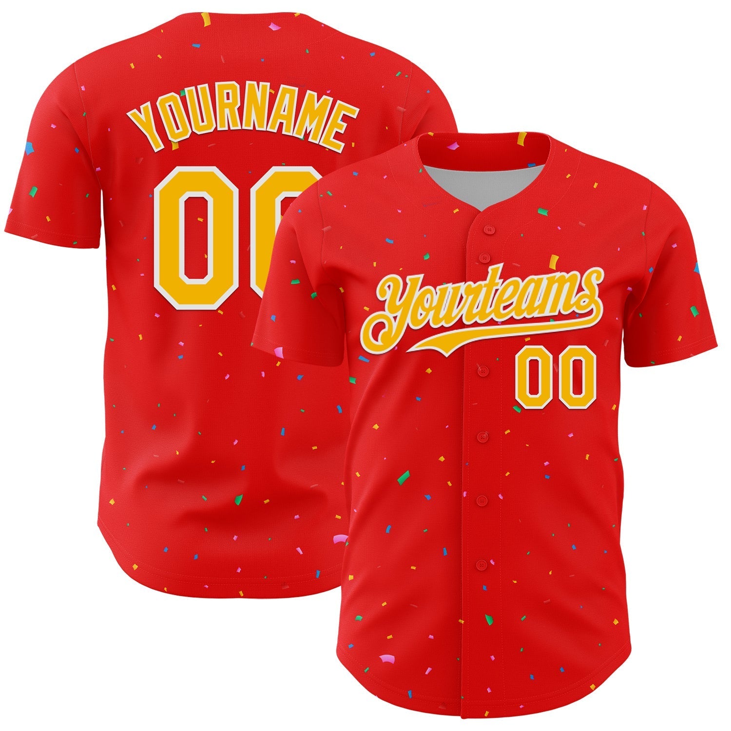 Custom Fire Red Gold-White 3D Pattern Design Confetti Colorful Speckle Authentic Baseball Jersey baseball jersey product view 1