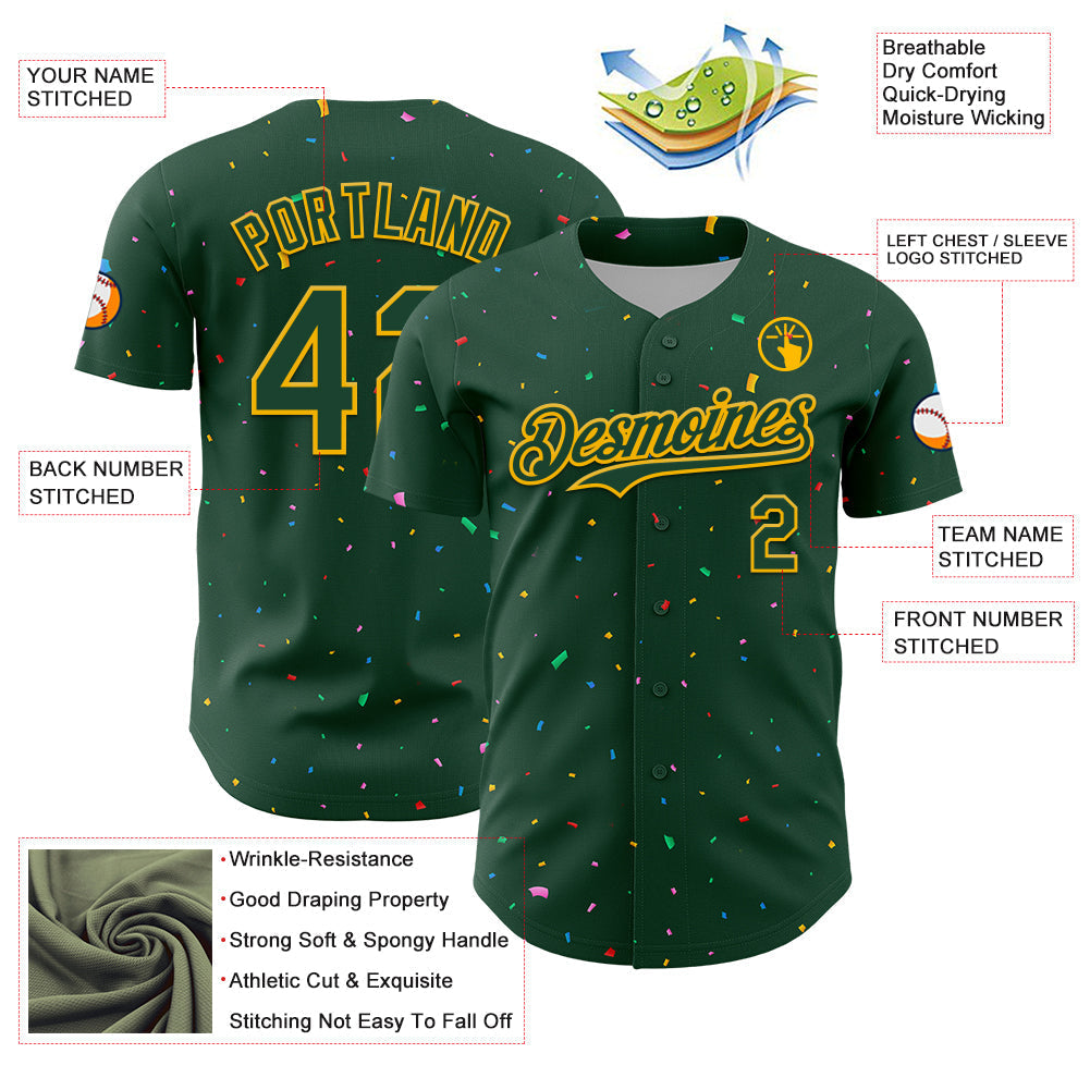 Custom Green Gold 3D Pattern Design Confetti Colorful Speckle Authentic Baseball Jersey baseball jersey product view 3