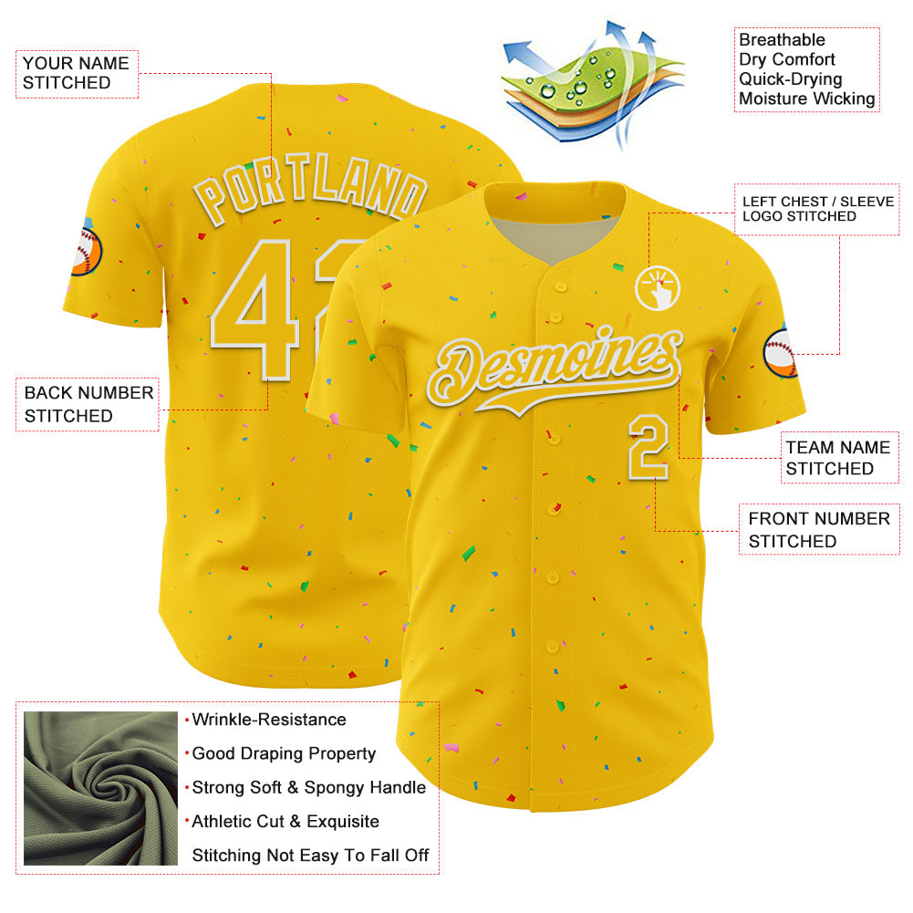 Custom Yellow White 3D Pattern Design Confetti Colorful Speckle Authentic Baseball Jersey baseball jersey product view 3
