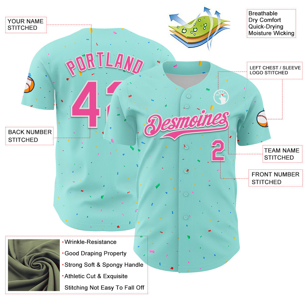 Custom Ice Blue Pink-White 3D Pattern Design Confetti Colorful Speckle Authentic Baseball Jersey baseball jersey product view 3
