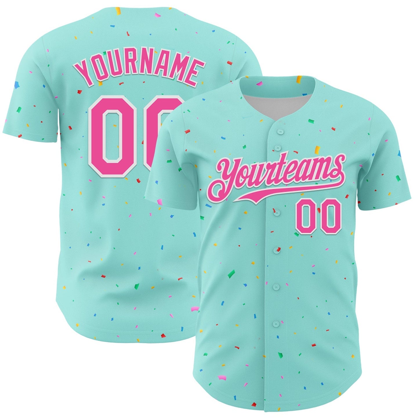 Custom Ice Blue Pink-White 3D Pattern Design Confetti Colorful Speckle Authentic Baseball Jersey baseball jersey product view 1