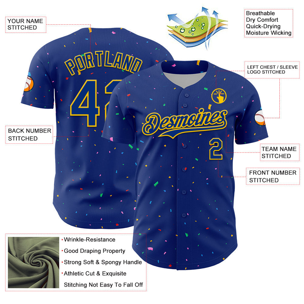 Custom Royal Yellow 3D Pattern Design Confetti Colorful Speckle Authentic Baseball Jersey baseball jersey product view 3
