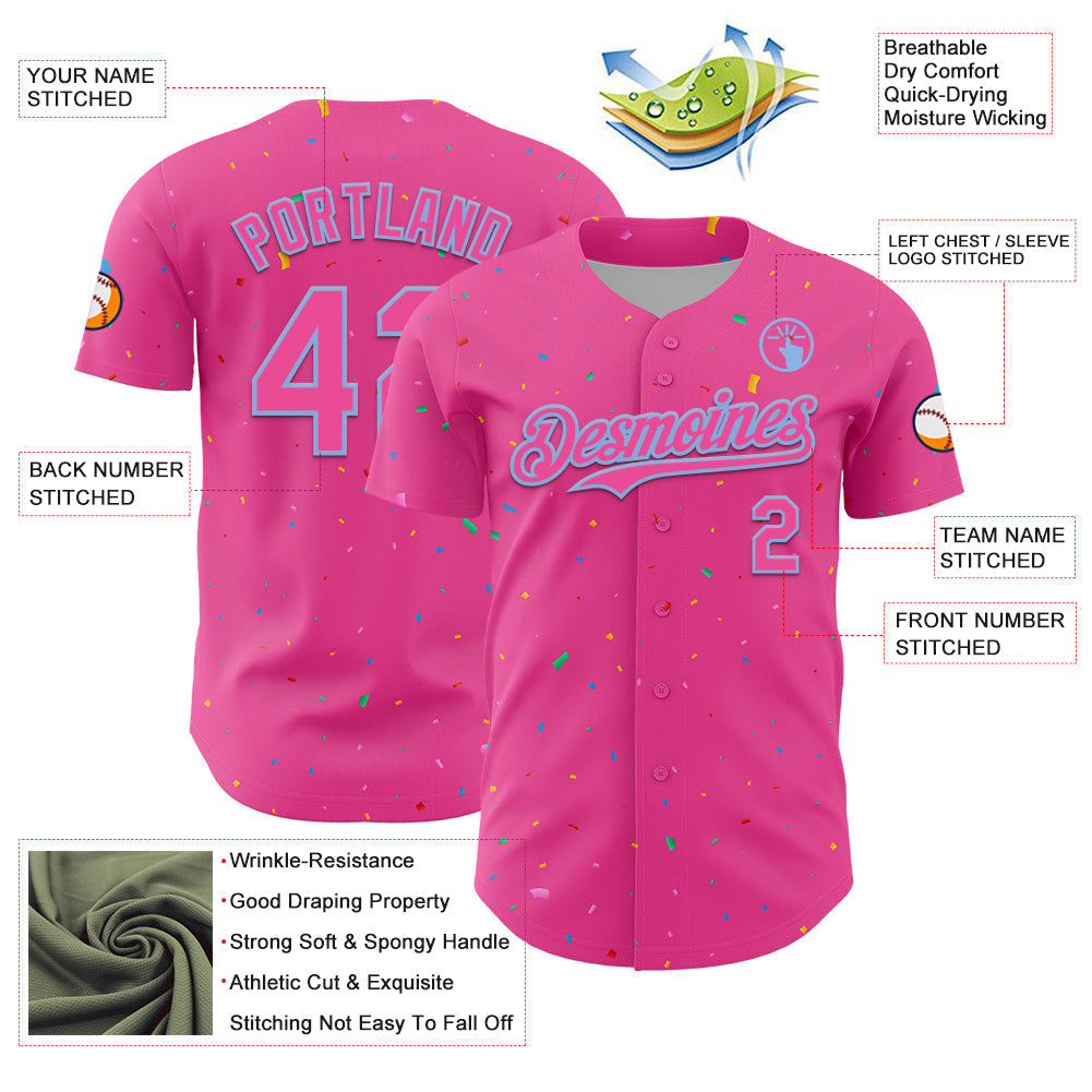 Custom Pink Light Blue 3D Pattern Design Confetti Colorful Speckle Authentic Baseball Jersey baseball jersey product view 3
