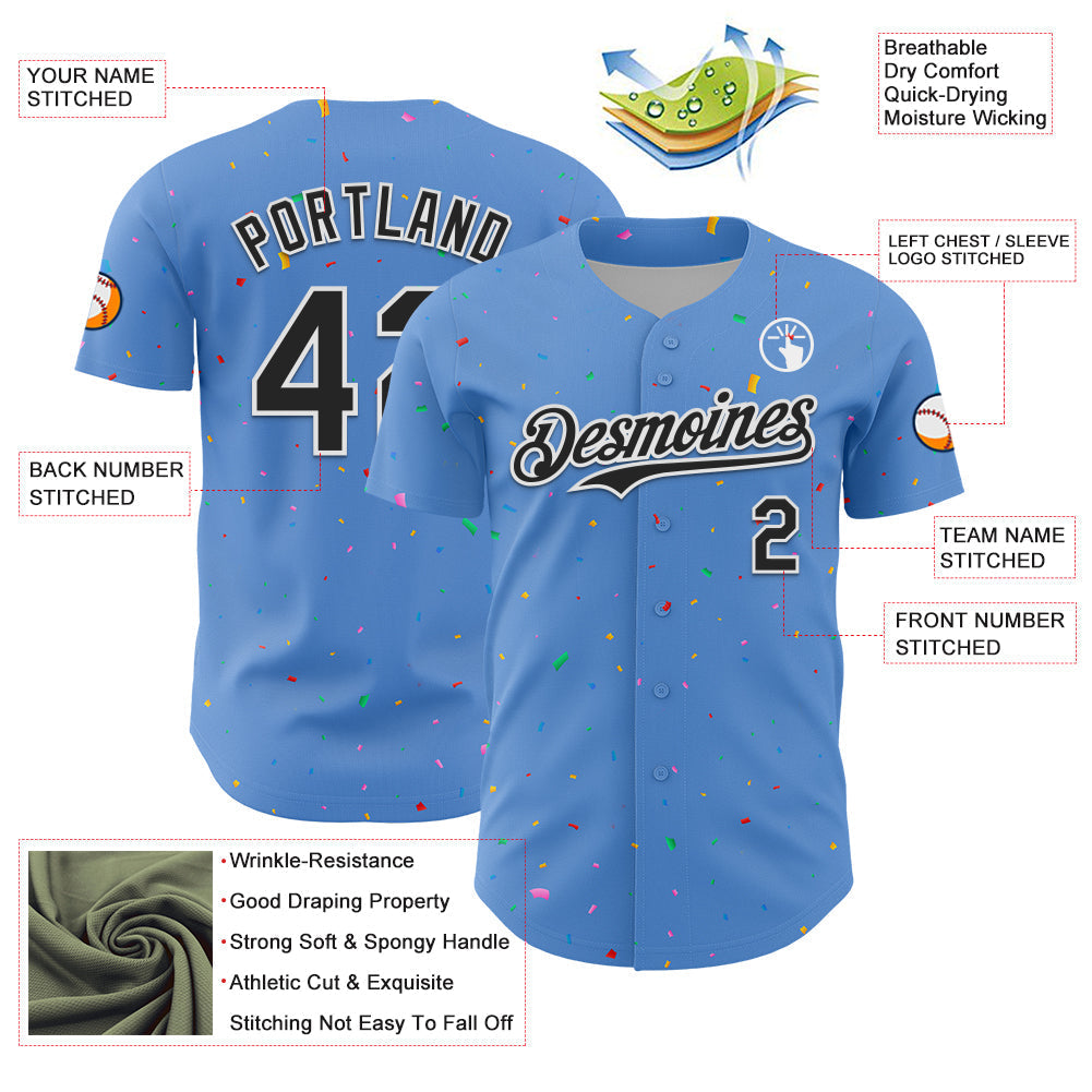 Custom Powder Blue Black-White 3D Pattern Design Confetti Colorful Speckle Authentic Baseball Jersey baseball jersey product view 3