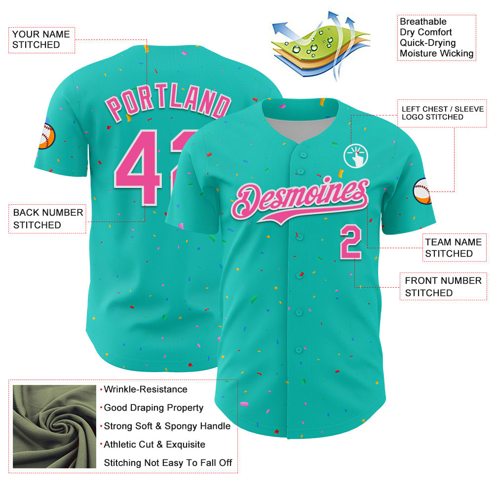 Custom Aqua Black-White 3D Pattern Design Confetti Colorful Speckle Authentic Baseball Jersey baseball jersey product view 3