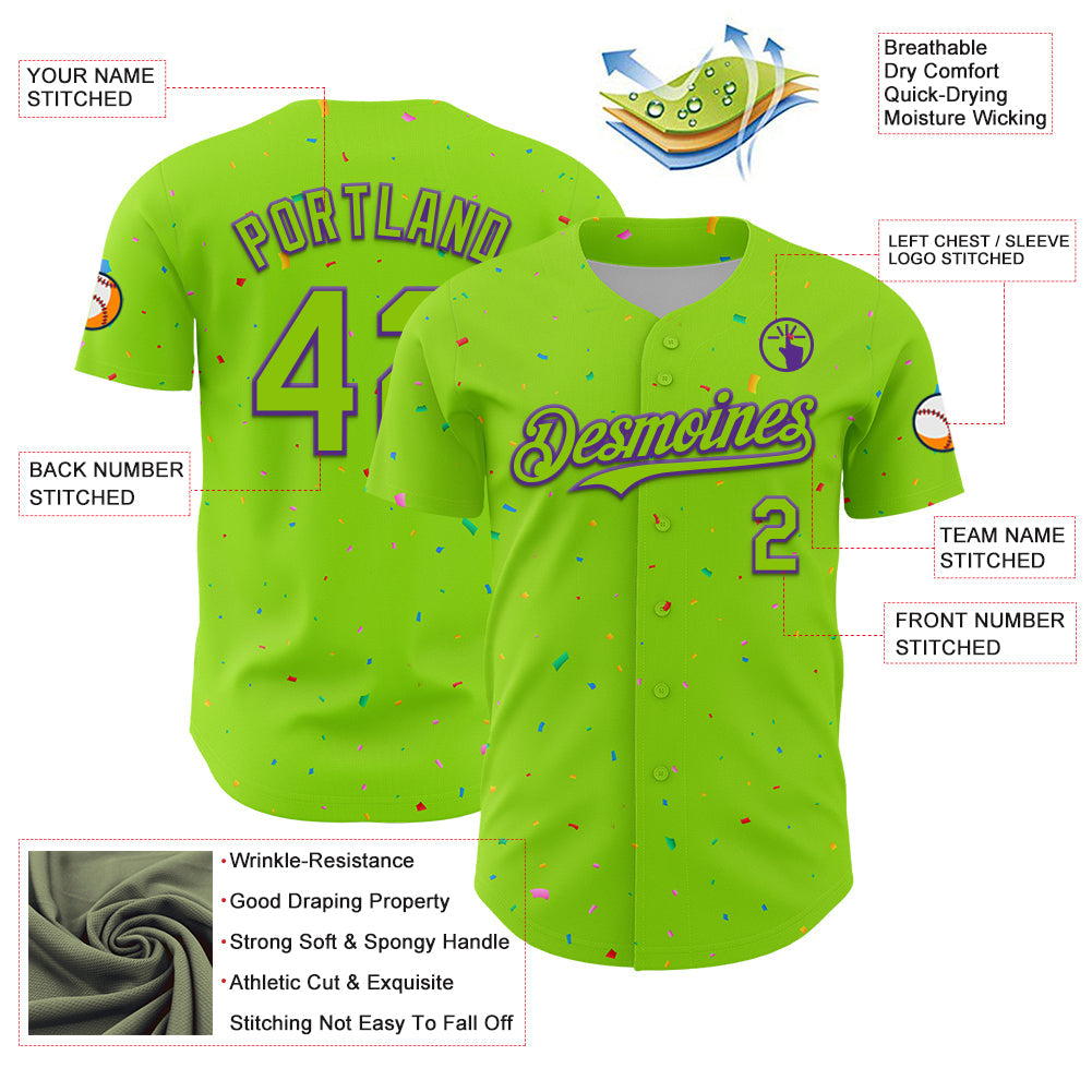 Custom Neon Green Purple 3D Pattern Design Confetti Colorful Speckle Authentic Baseball Jersey baseball jersey product view 3