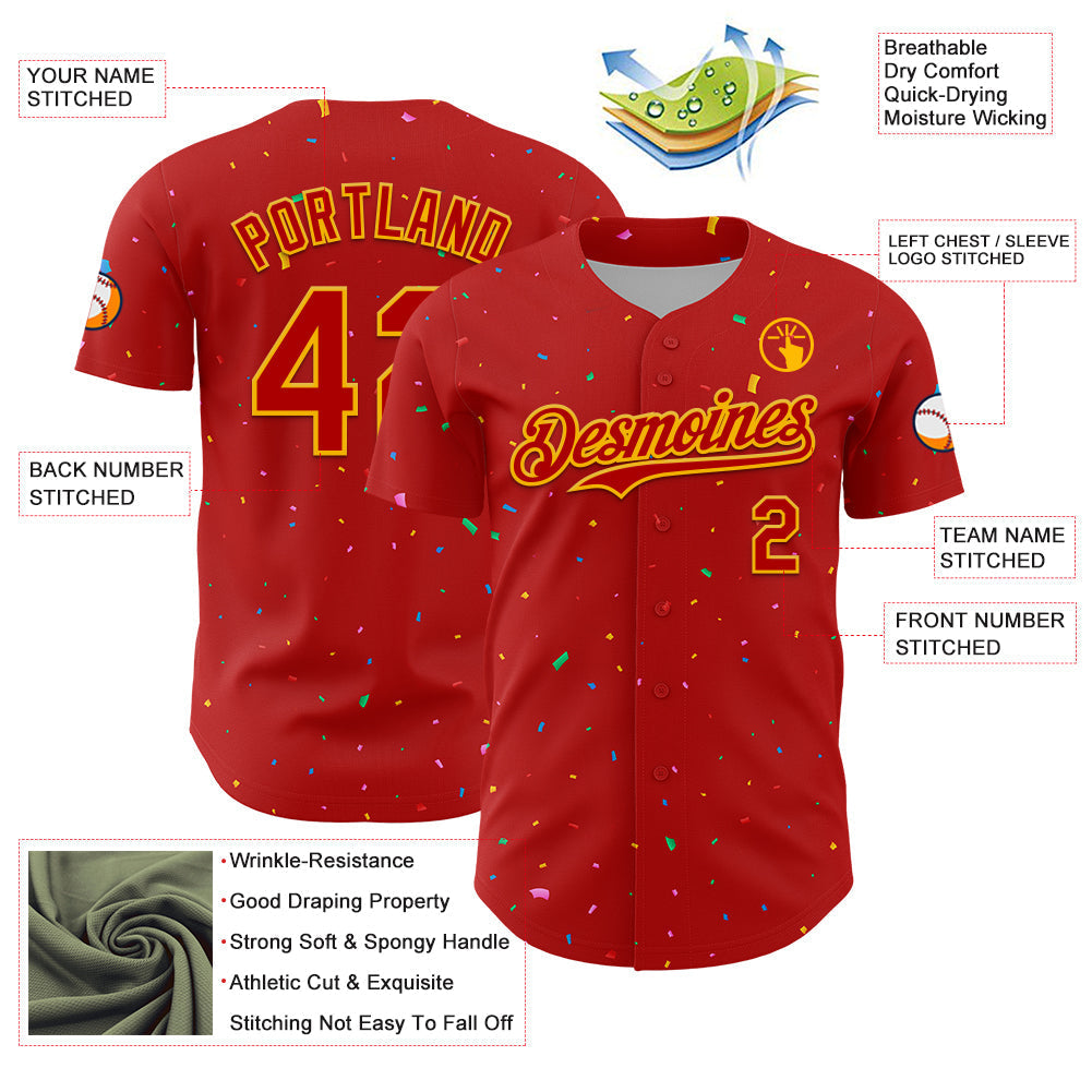 Custom Red Gold 3D Pattern Design Confetti Colorful Speckle Authentic Baseball Jersey baseball jersey product view 3