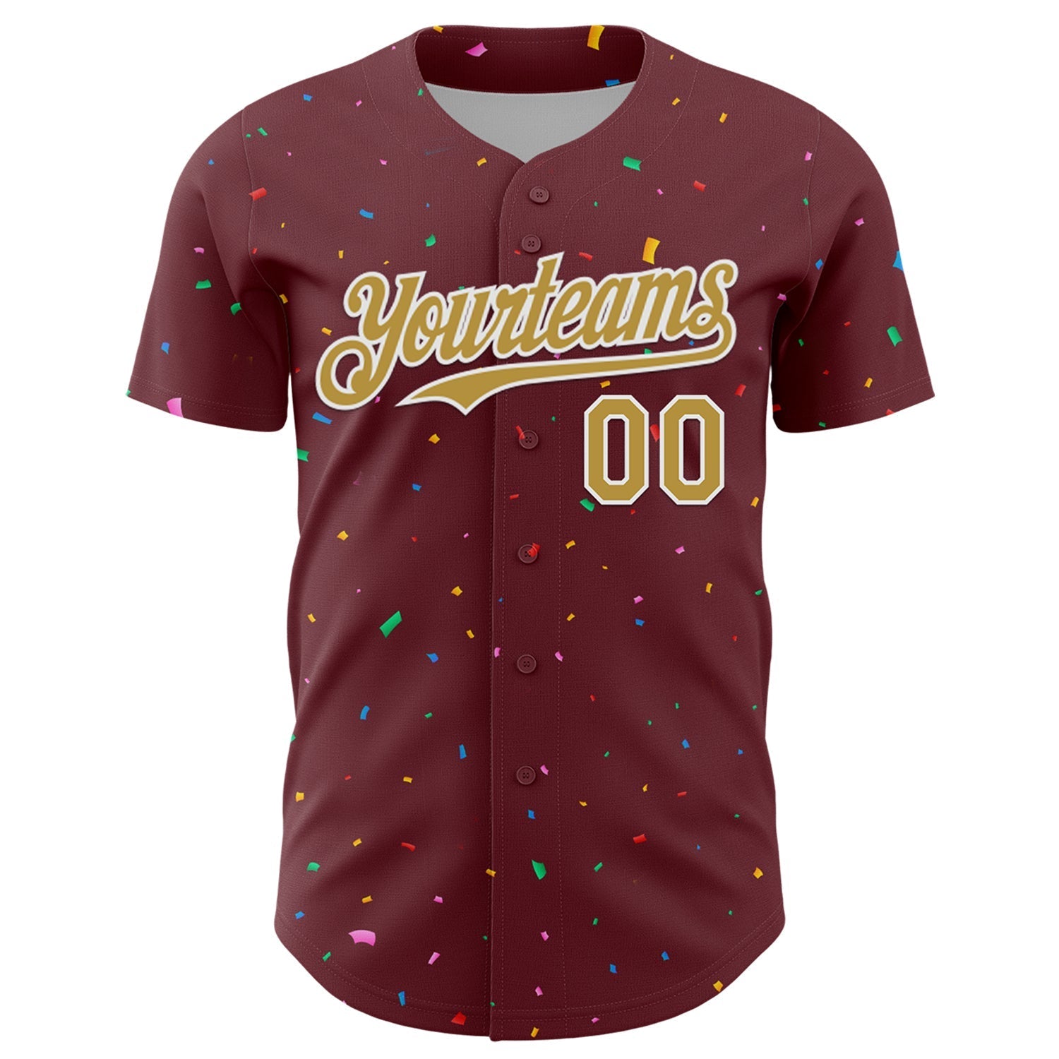 Custom Burgundy Old Gold-White 3D Pattern Design Confetti Colorful Speckle Authentic Baseball Jersey baseball jersey product view 2