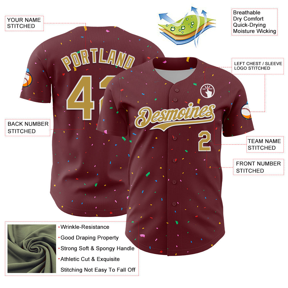 Custom Burgundy Old Gold-White 3D Pattern Design Confetti Colorful Speckle Authentic Baseball Jersey baseball jersey product view 3