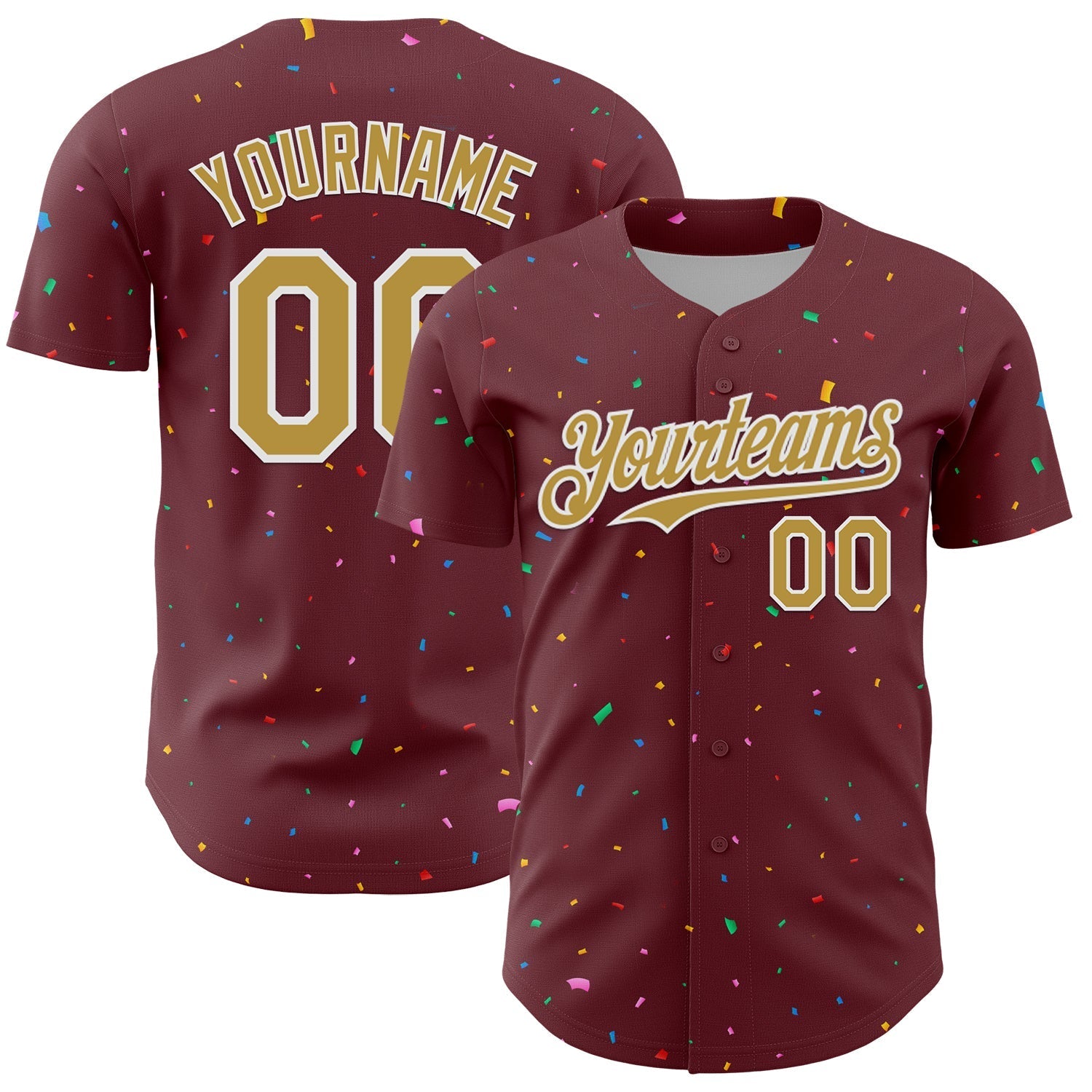 Custom Burgundy Old Gold-White 3D Pattern Design Confetti Colorful Speckle Authentic Baseball Jersey baseball jersey product view 1