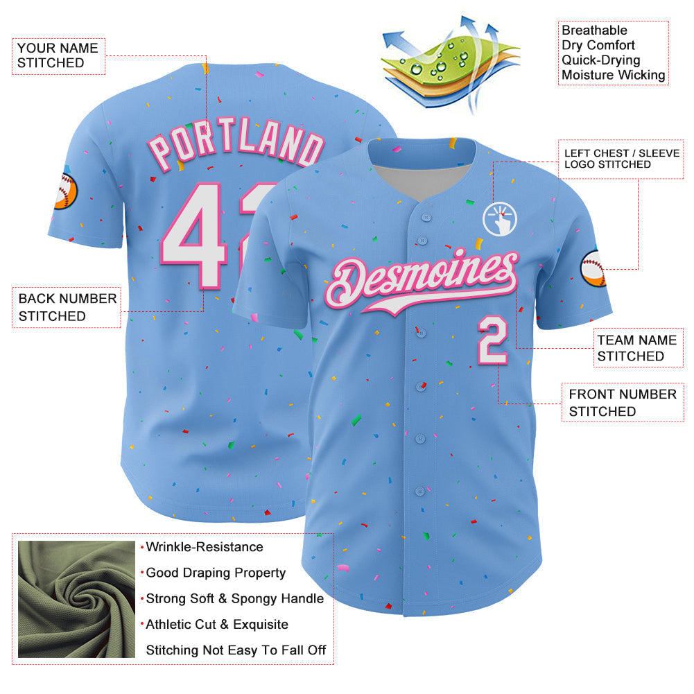 Custom Light Blue White-Pink 3D Pattern Design Confetti Colorful Speckle Authentic Baseball Jersey baseball jersey product view 3