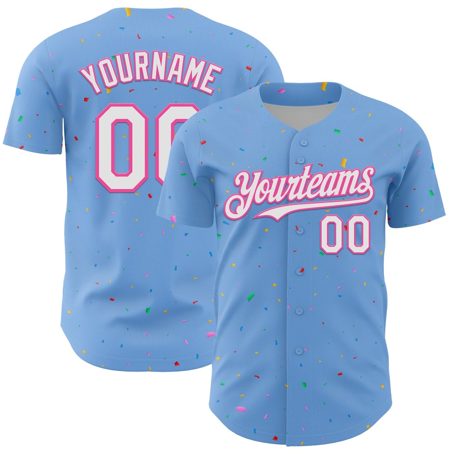Custom Light Blue White-Pink 3D Pattern Design Confetti Colorful Speckle Authentic Baseball Jersey baseball jersey product view 1