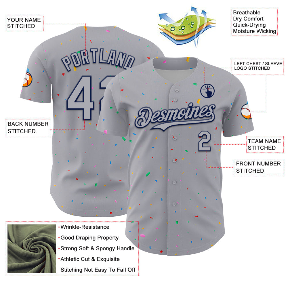 Custom Gray Navy 3D Pattern Design Confetti Colorful Speckle Authentic Baseball Jersey baseball jersey product view 3