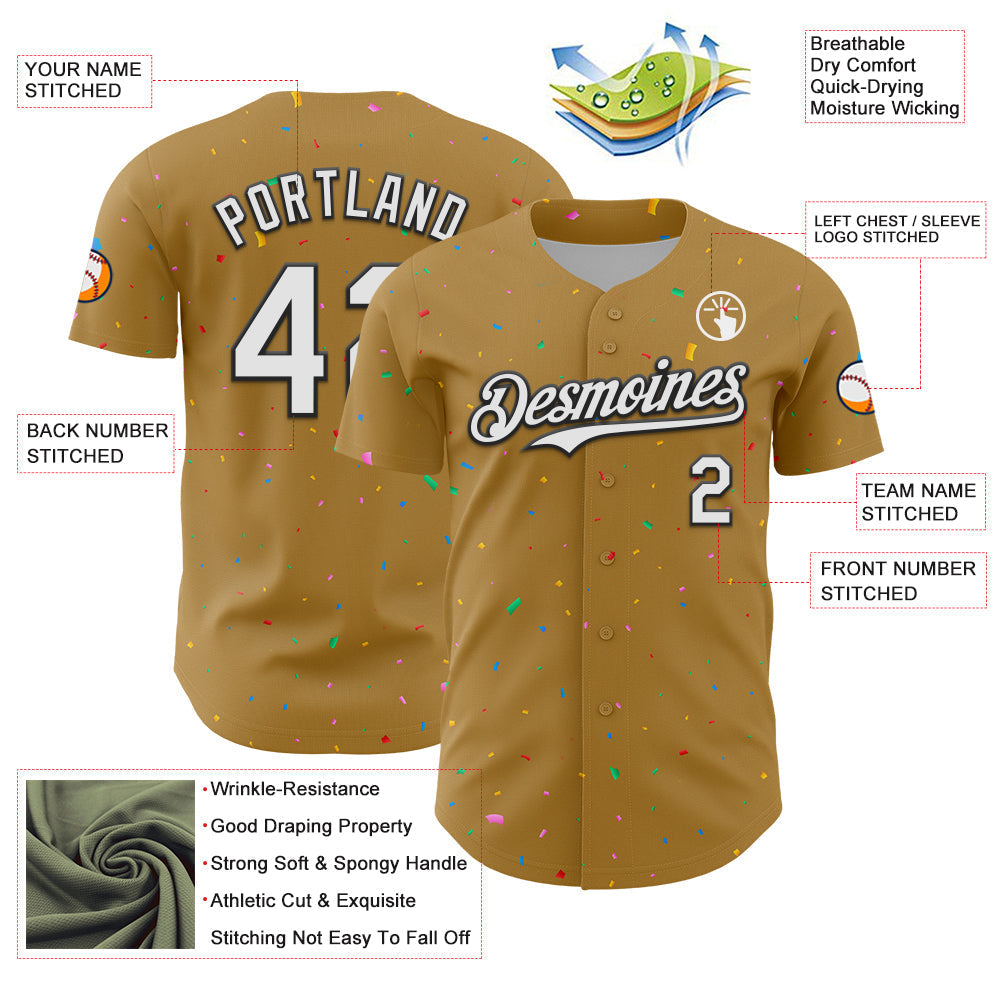 Custom Old Gold White-Black 3D Pattern Design Confetti Colorful Speckle Authentic Baseball Jersey baseball jersey product view 3
