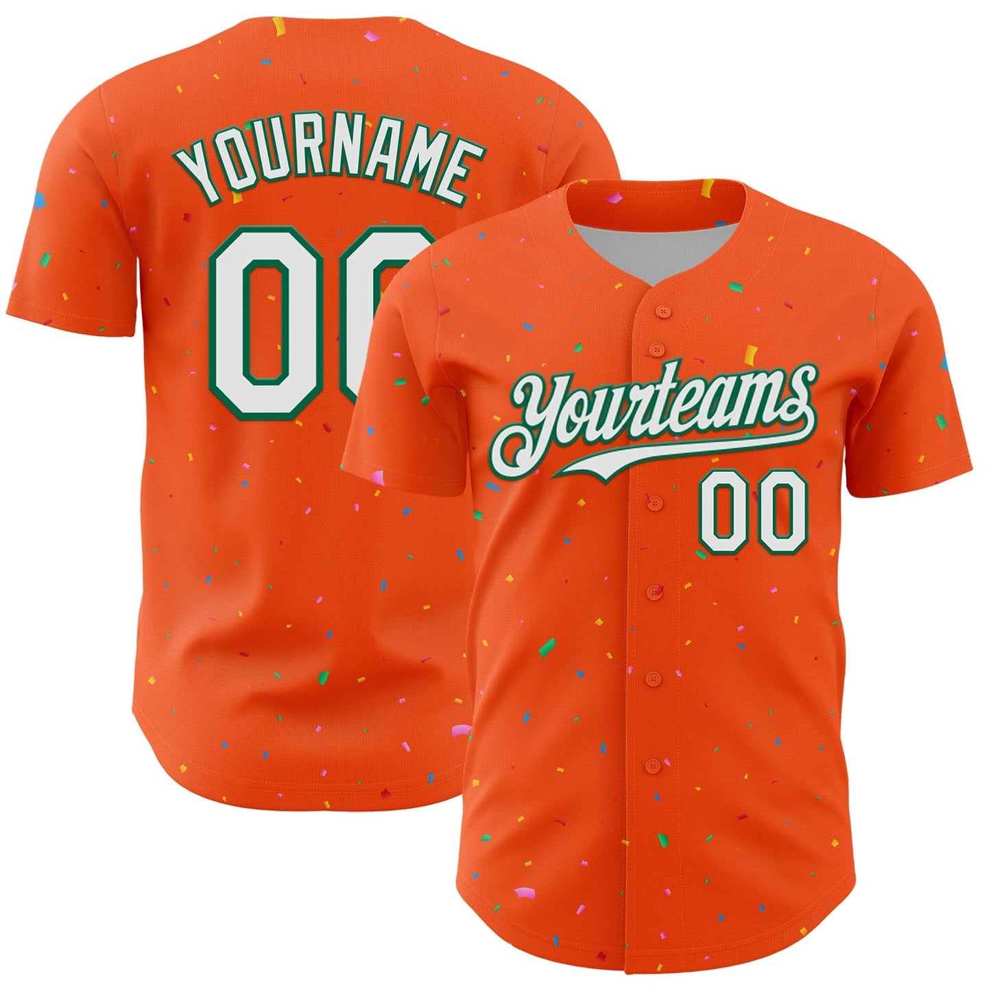 Custom Orange White-Kelly Green 3D Pattern Design Confetti Colorful Speckle Authentic Baseball Jersey baseball jersey product view 1