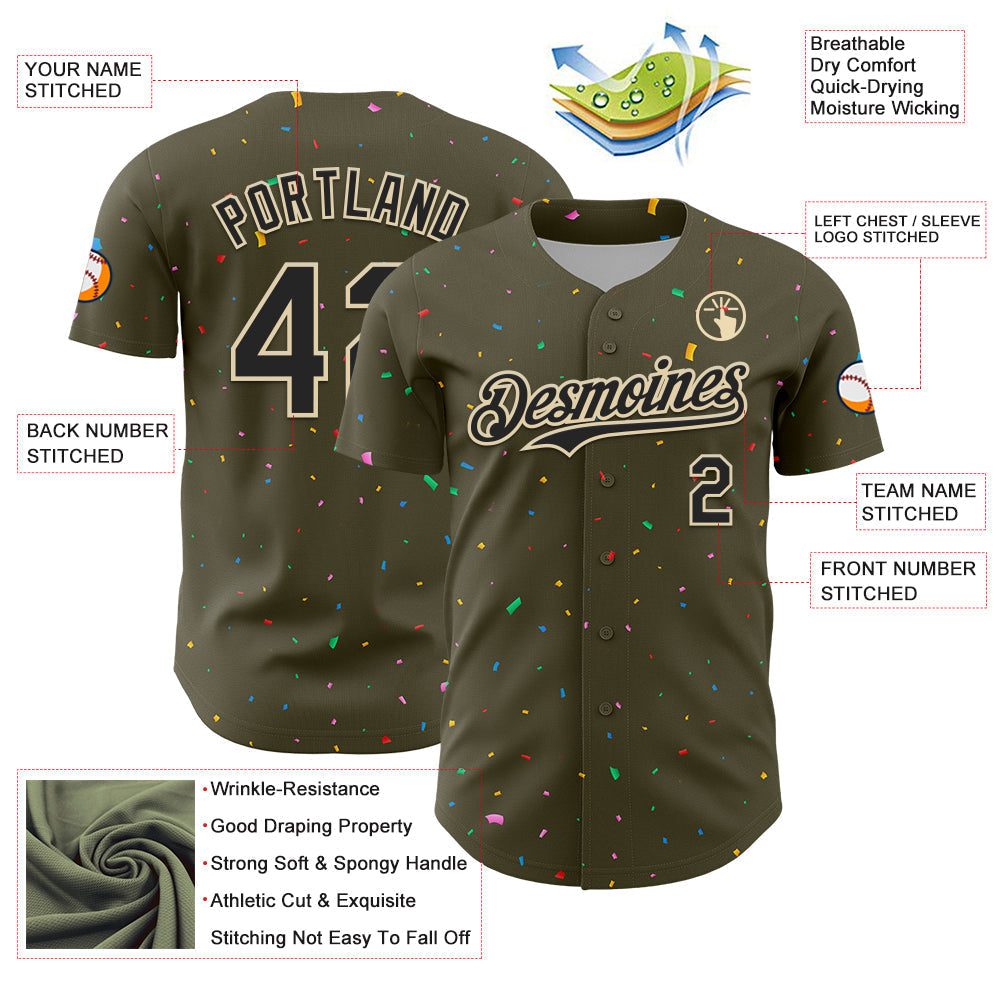 Custom Olive Black-Cream 3D Pattern Design Confetti Colorful Speckle Authentic Baseball Jersey baseball jersey product view 3