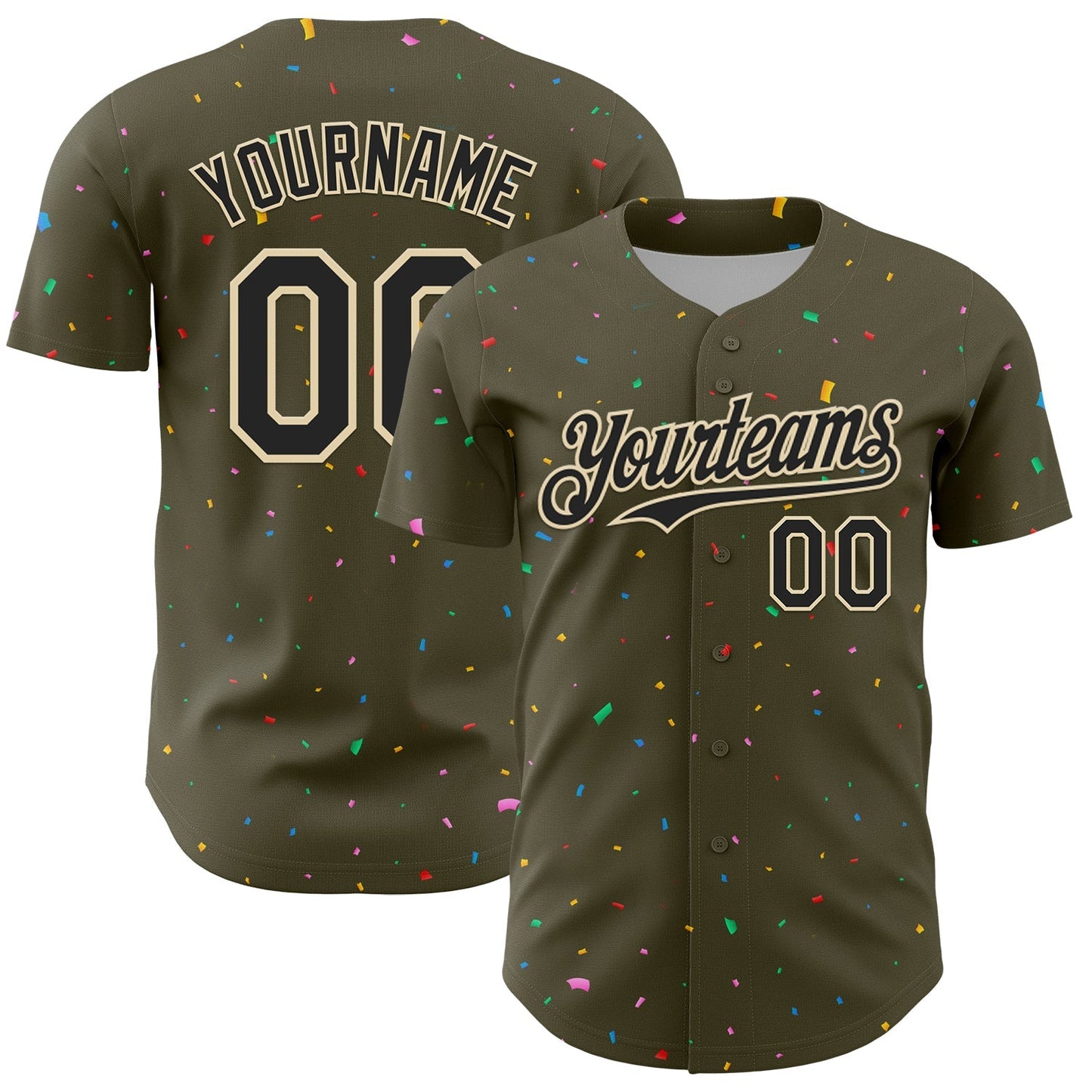 Custom Olive Black-Cream 3D Pattern Design Confetti Colorful Speckle Authentic Baseball Jersey baseball jersey product view 1