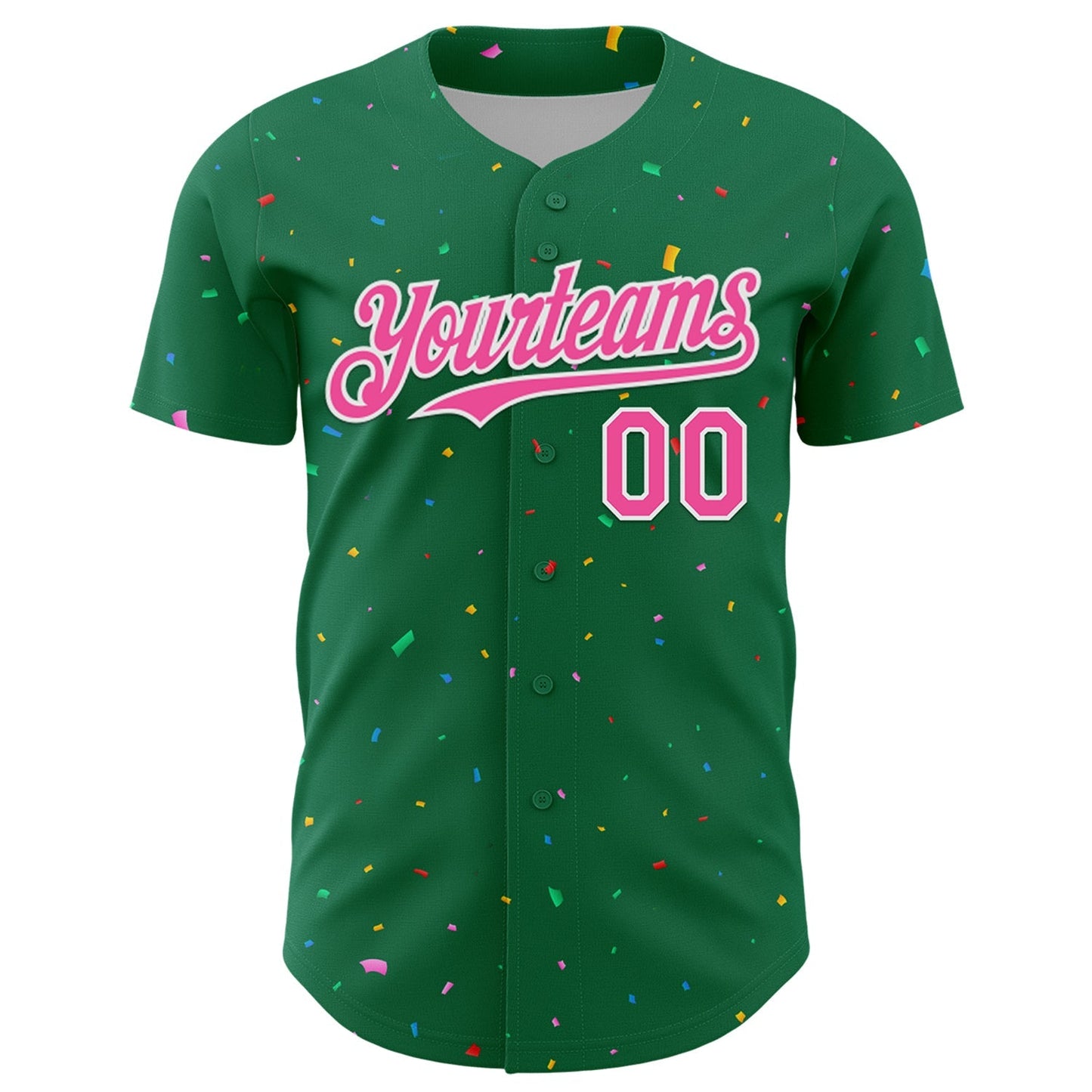 Custom Kelly Green Pink-White 3D Pattern Design Confetti Colorful Speckle Authentic Baseball Jersey baseball jersey product view 2