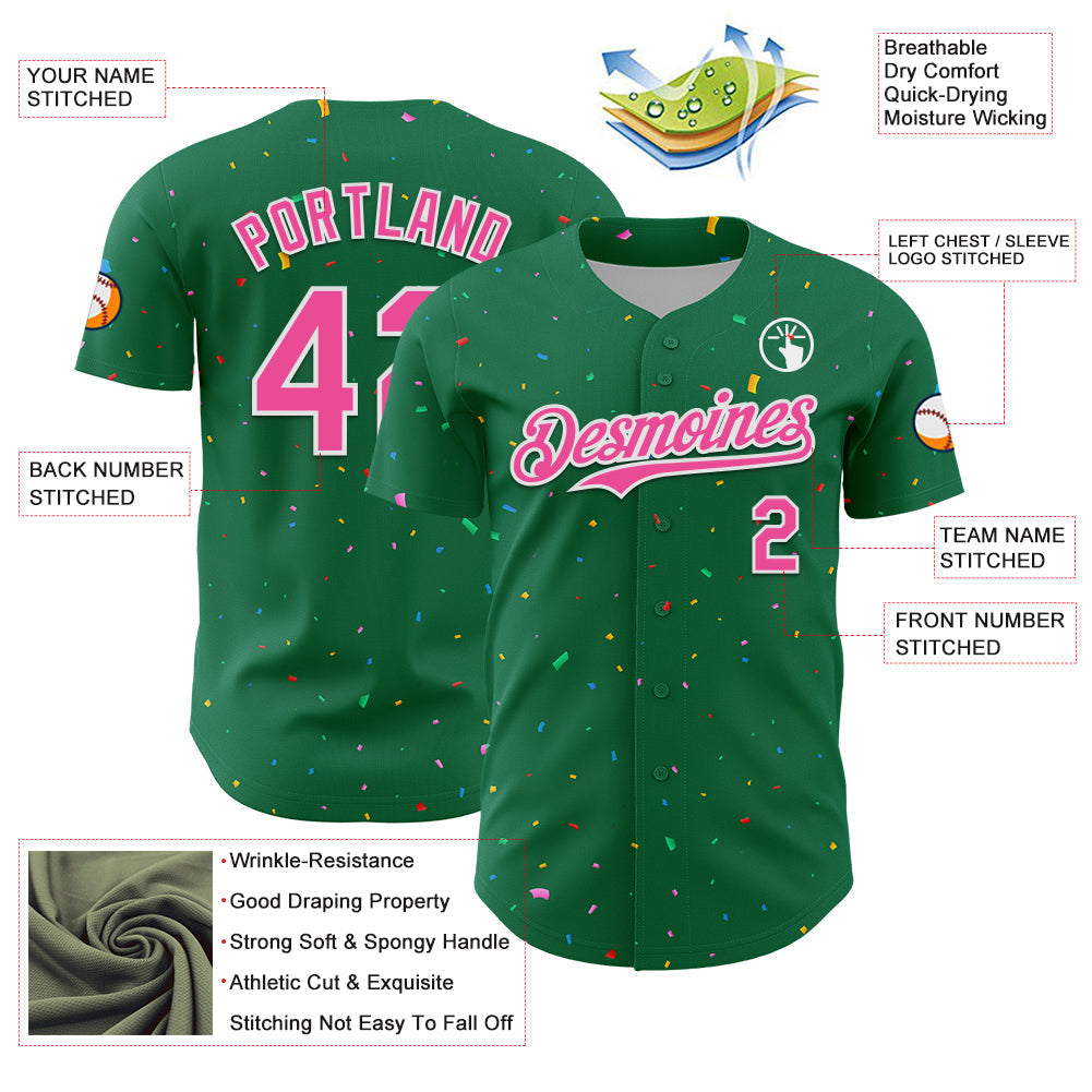 Custom Kelly Green Pink-White 3D Pattern Design Confetti Colorful Speckle Authentic Baseball Jersey baseball jersey product view 3