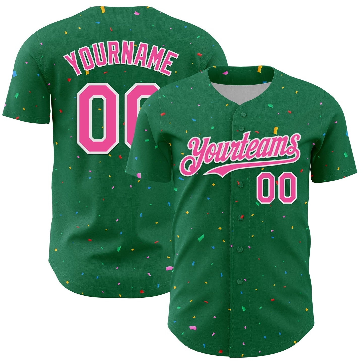 Custom Kelly Green Pink-White 3D Pattern Design Confetti Colorful Speckle Authentic Baseball Jersey baseball jersey product view 1