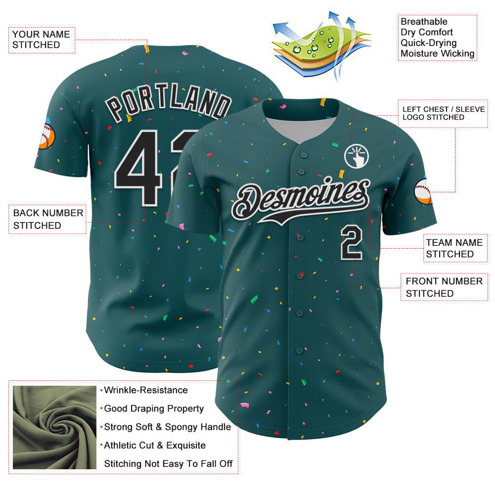 Custom Midnight Green Black-White 3D Pattern Design Confetti Colorful Speckle Authentic Baseball Jersey baseball jersey product view 3