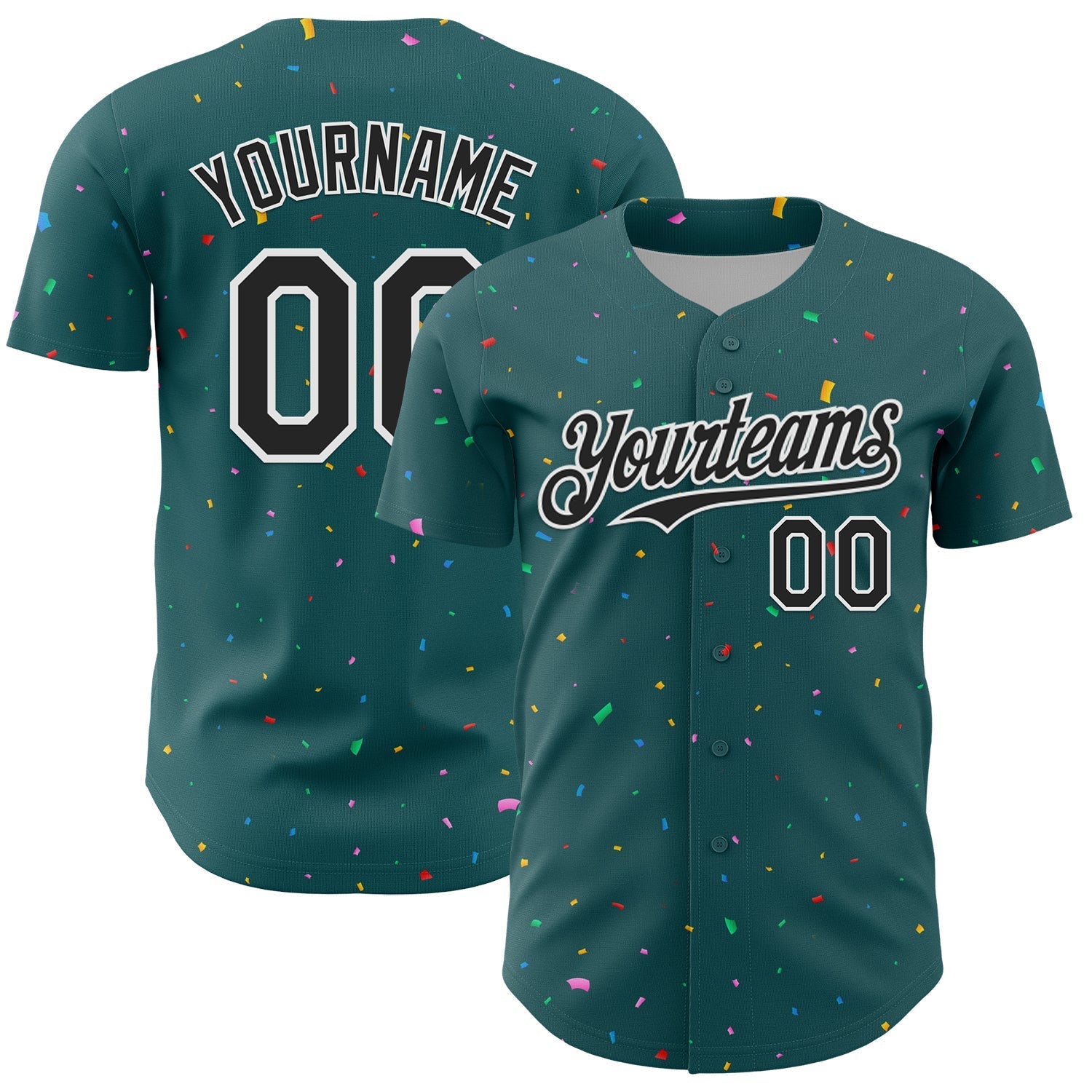Custom Midnight Green Black-White 3D Pattern Design Confetti Colorful Speckle Authentic Baseball Jersey baseball jersey product view 1