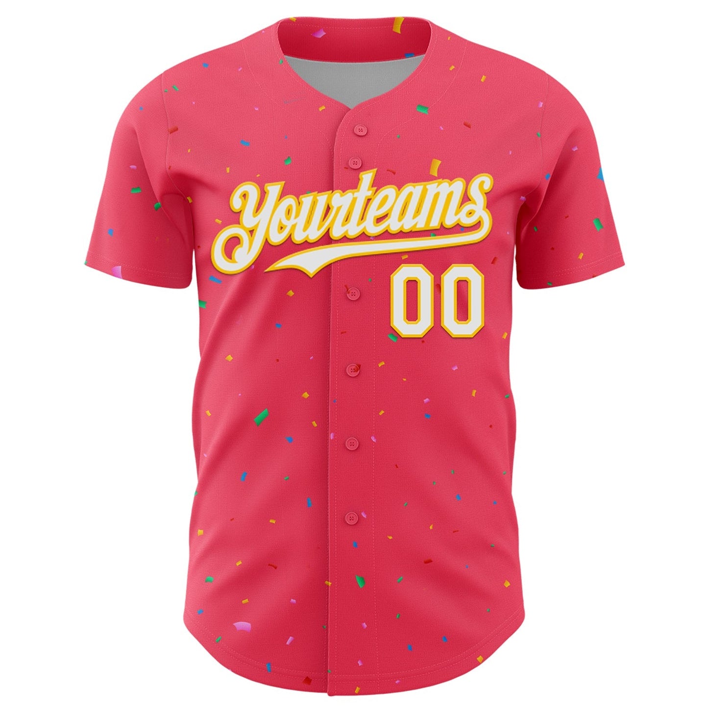 Custom Neon Pink White-Yellow 3D Pattern Design Confetti Colorful Speckle Authentic Baseball Jersey baseball jersey product view 2