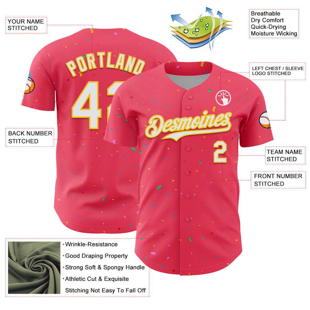 Custom Neon Pink White-Yellow 3D Pattern Design Confetti Colorful Speckle Authentic Baseball Jersey baseball jersey product view 3