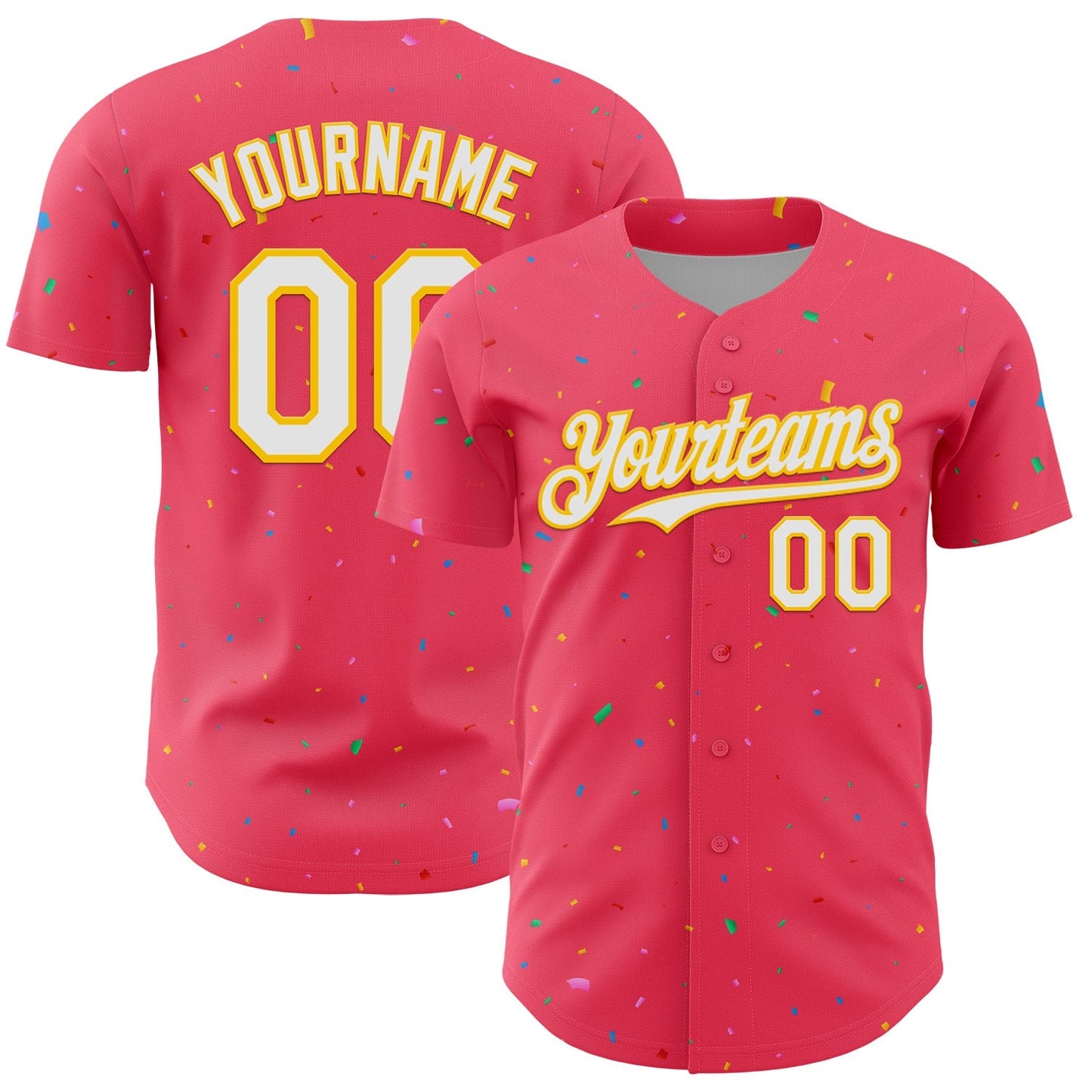 Custom Neon Pink White-Yellow 3D Pattern Design Confetti Colorful Speckle Authentic Baseball Jersey baseball jersey product view 1