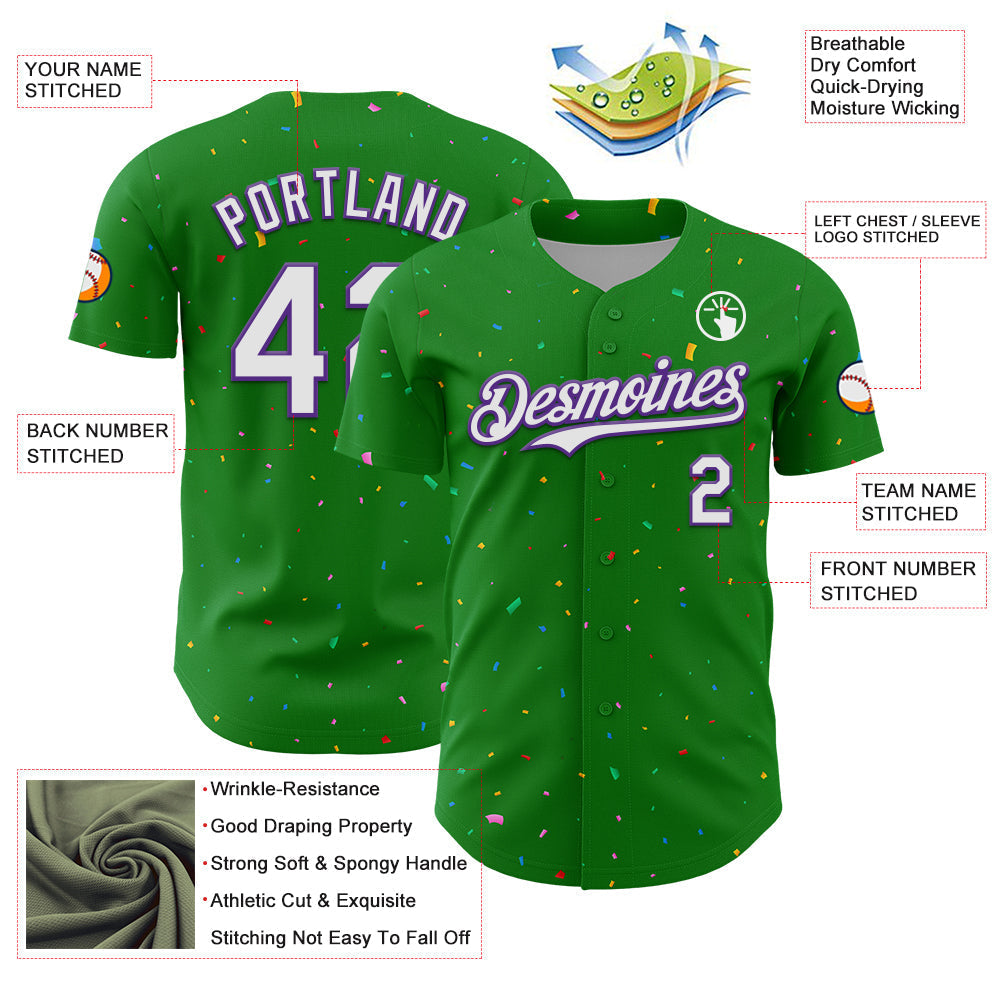 Custom Grass Green White-Purple 3D Pattern Design Confetti Colorful Speckle Authentic Baseball Jersey baseball jersey product view 3