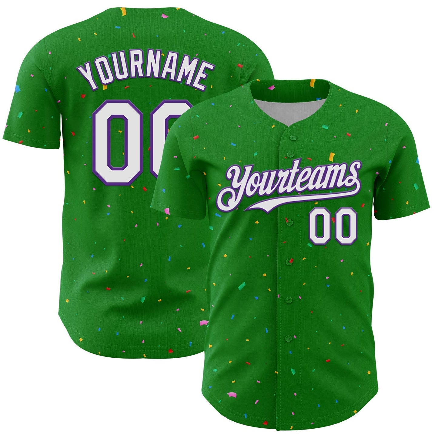 Custom Grass Green White-Purple 3D Pattern Design Confetti Colorful Speckle Authentic Baseball Jersey baseball jersey product view 1