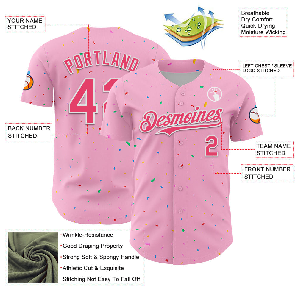 Custom Light Pink Neon Pink-White 3D Pattern Design Confetti Colorful Speckle Authentic Baseball Jersey baseball jersey product view 3
