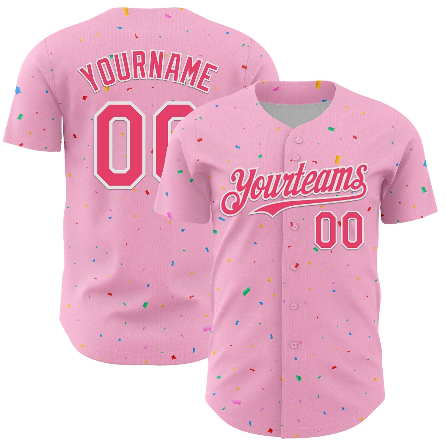 Custom Light Pink Neon Pink-White 3D Pattern Design Confetti Colorful Speckle Authentic Baseball Jersey baseball jersey product view 1