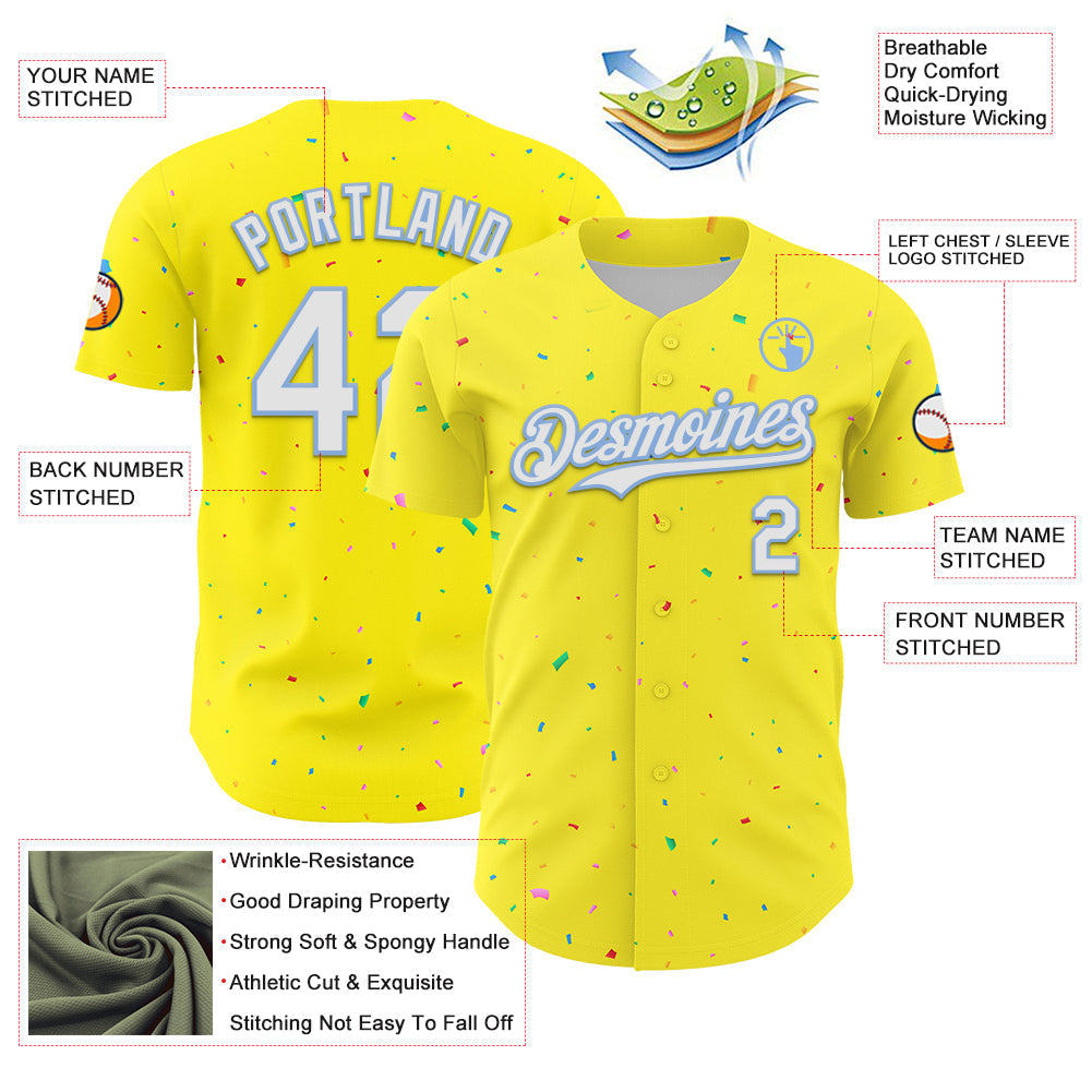 Custom Light Yellow White-Light Blue 3D Pattern Design Confetti Colorful Speckle Authentic Baseball Jersey baseball jersey product view 3