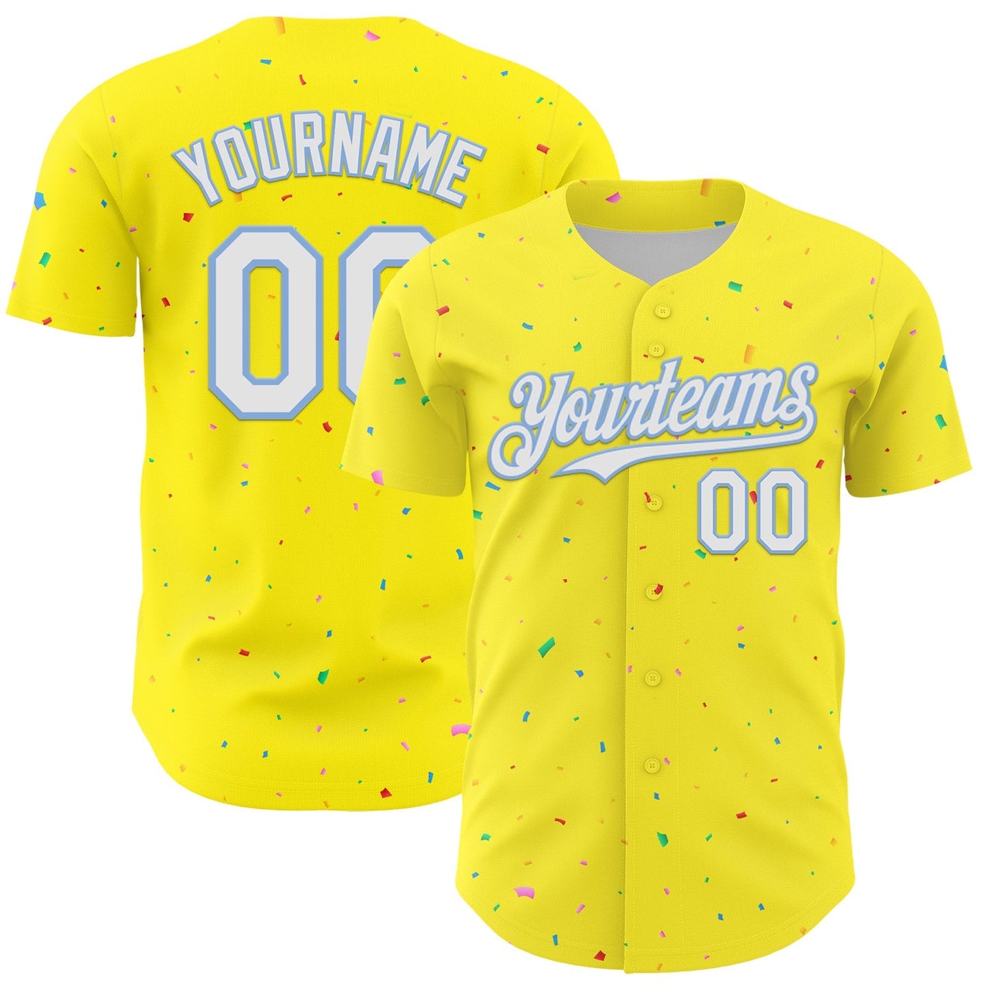 Custom Light Yellow White-Light Blue 3D Pattern Design Confetti Colorful Speckle Authentic Baseball Jersey baseball jersey product view 1