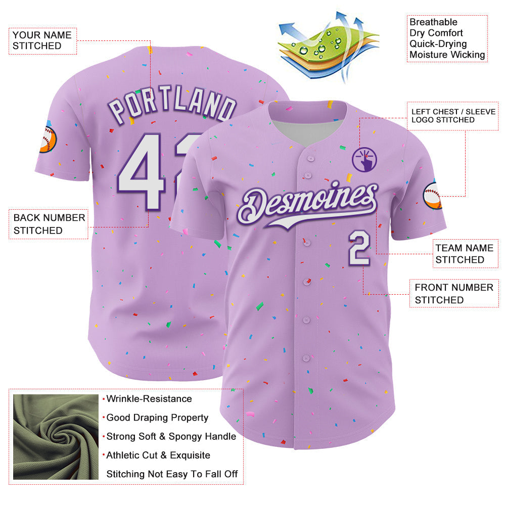 Custom Light Purple White-Purple 3D Pattern Design Confetti Colorful Speckle Authentic Baseball Jersey baseball jersey product view 3