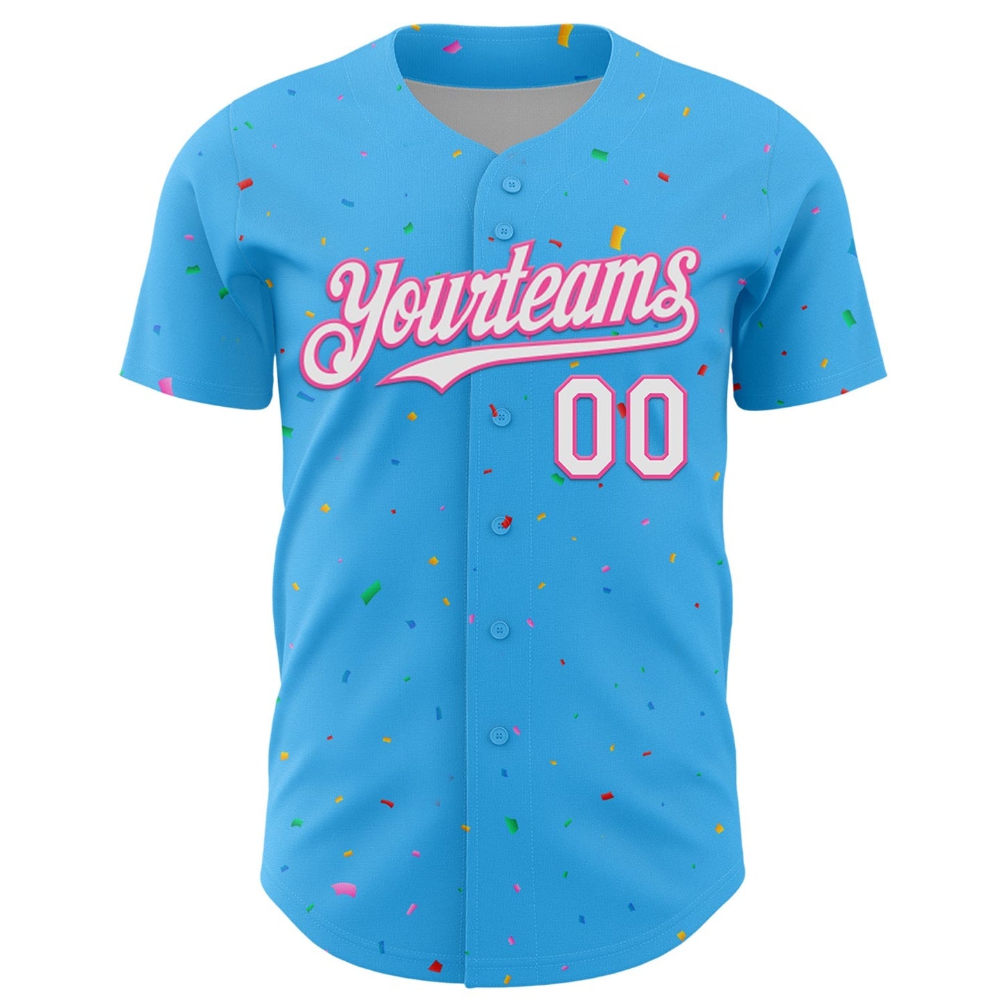 Custom Sky Blue White-Pink 3D Pattern Design Confetti Colorful Speckle Authentic Baseball Jersey baseball jersey product view 2