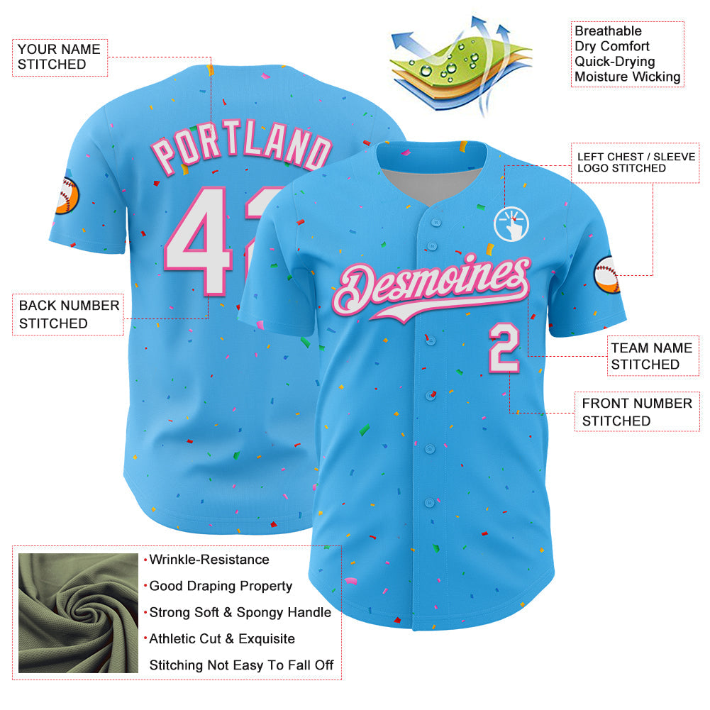 Custom Sky Blue White-Pink 3D Pattern Design Confetti Colorful Speckle Authentic Baseball Jersey baseball jersey product view 3