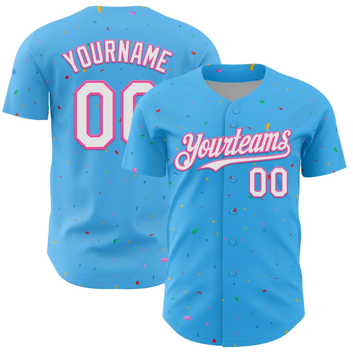 Custom Sky Blue White-Pink 3D Pattern Design Confetti Colorful Speckle Authentic Baseball Jersey baseball jersey product view 1