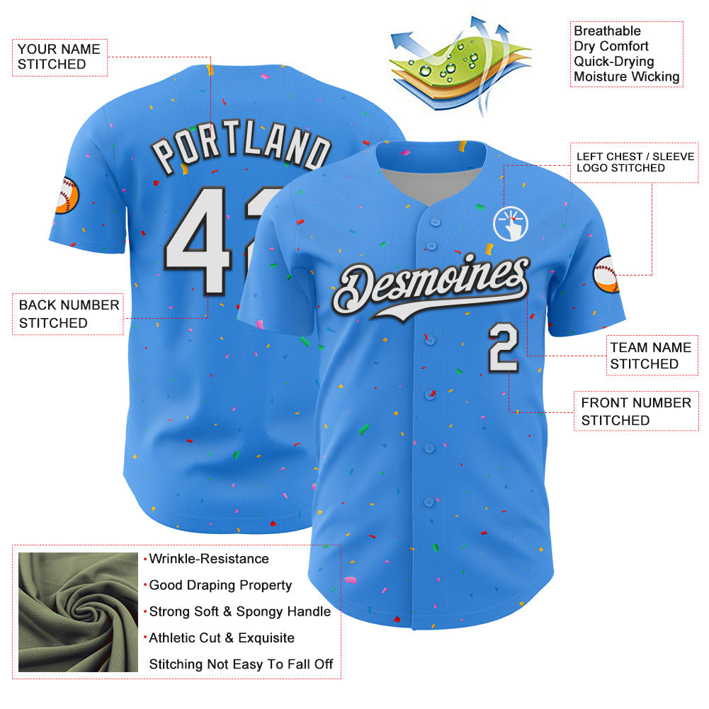 Custom Electric Blue White-Black 3D Pattern Design Confetti Colorful Speckle Authentic Baseball Jersey baseball jersey product view 3