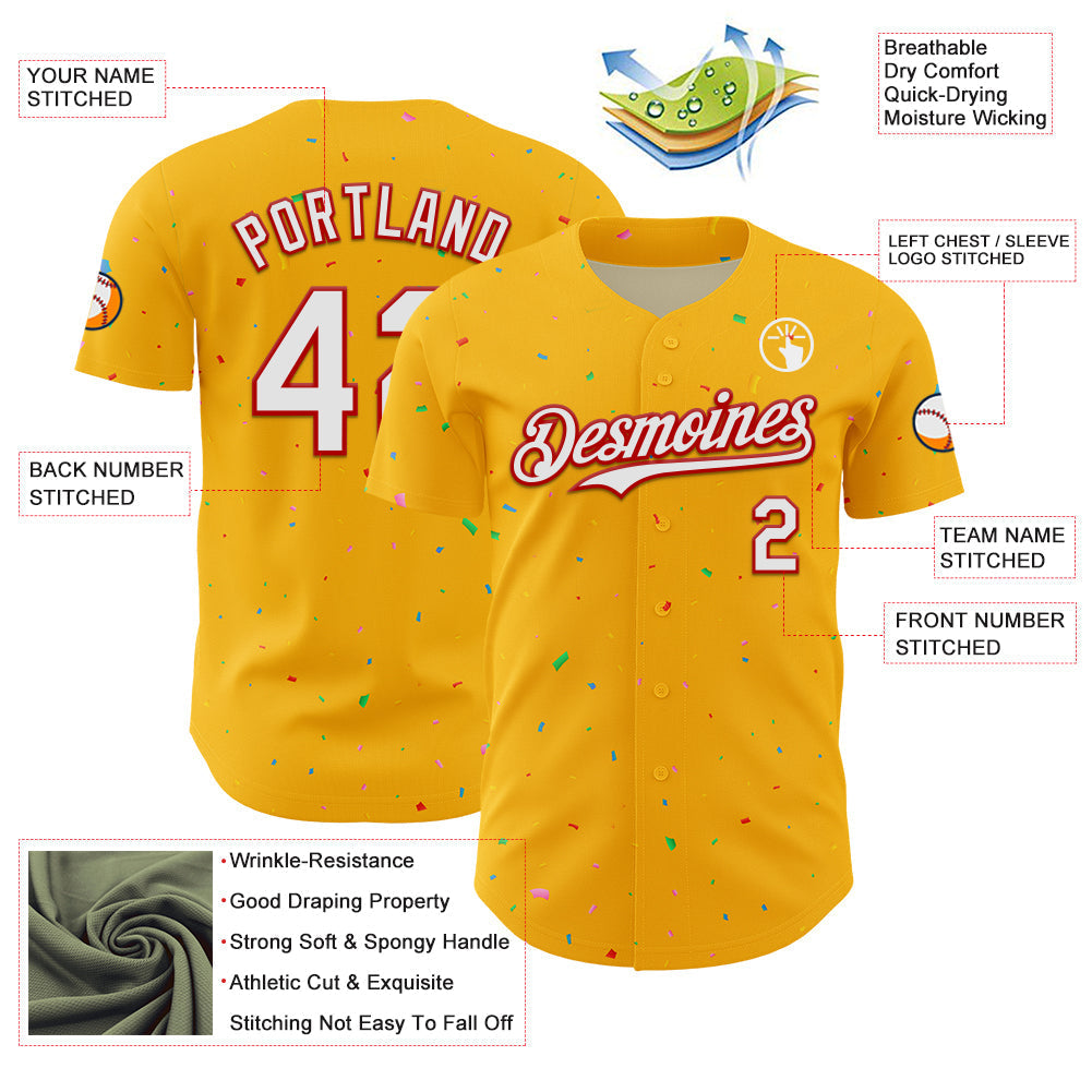 Custom Gold White-Red 3D Pattern Design Confetti Colorful Speckle Authentic Baseball Jersey baseball jersey product view 3