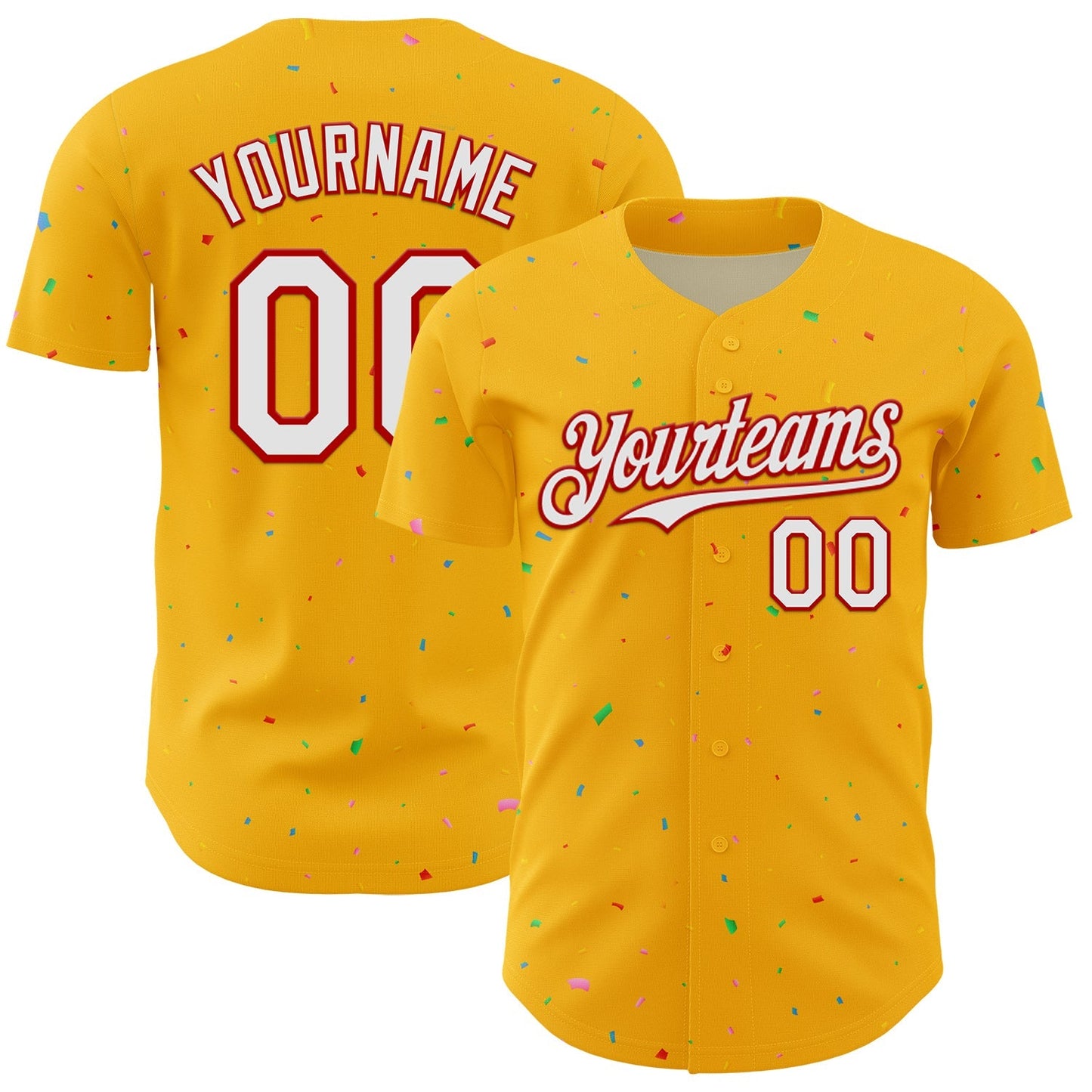 Custom Gold White-Red 3D Pattern Design Confetti Colorful Speckle Authentic Baseball Jersey baseball jersey product view 1