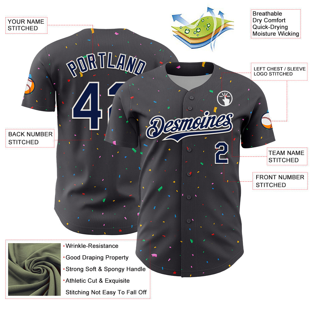 Custom Steel Gray Navy-White 3D Pattern Design Confetti Colorful Speckle Authentic Baseball Jersey baseball jersey product view 3